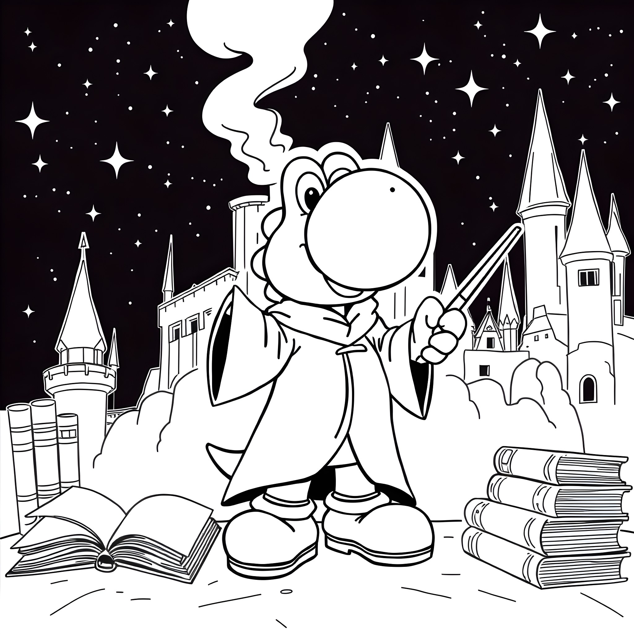 Yoshi's Magical Nighttime Adventure Coloring Page (free black-and-white line drawing printable PDF for all, from beginners to advanced learners, including children, teens, adults, and seniors)