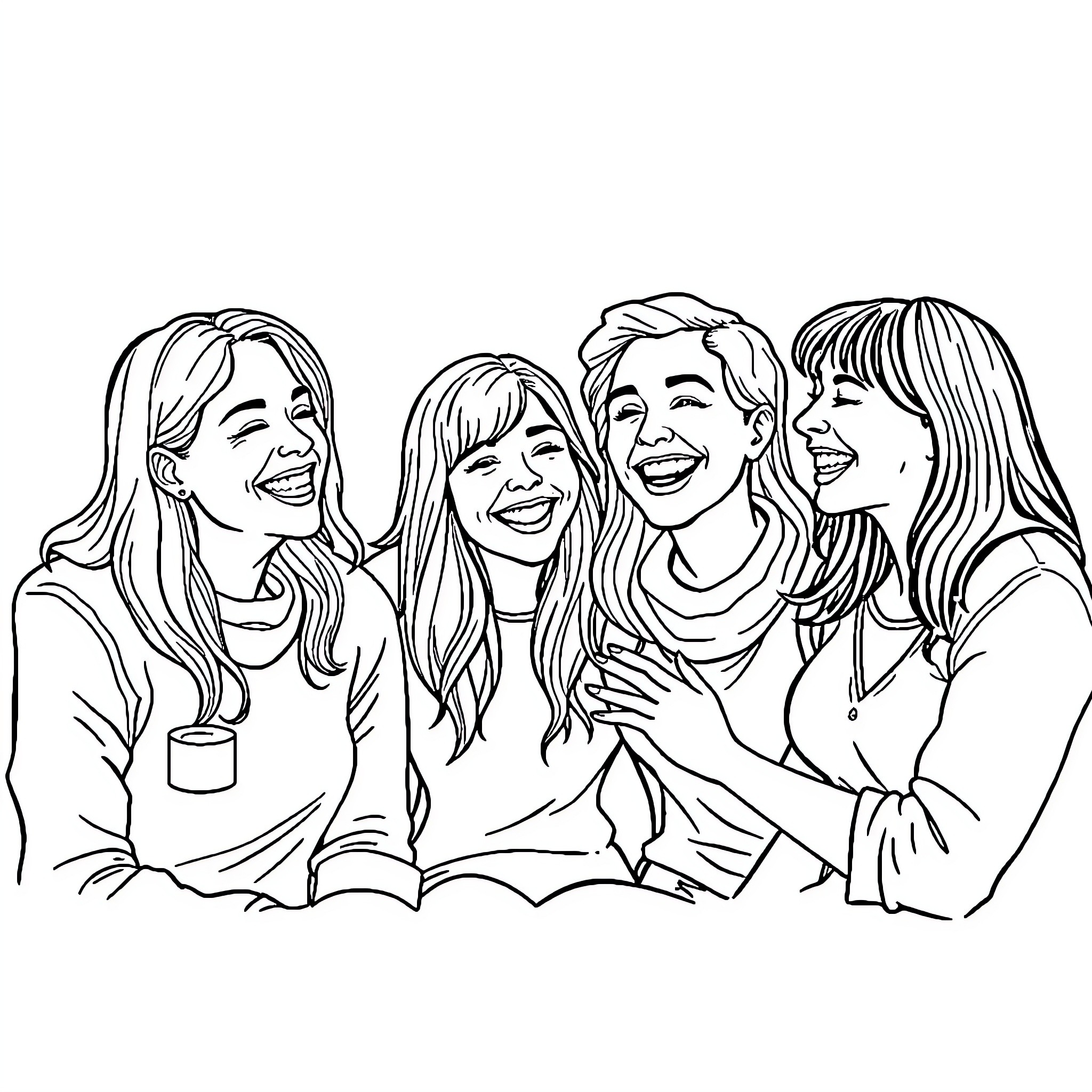 Friends sharing a joyful moment together Coloring Page (free black-and-white line drawing printable PDF for all, from beginners to advanced learners, including children, teens, adults, and seniors)