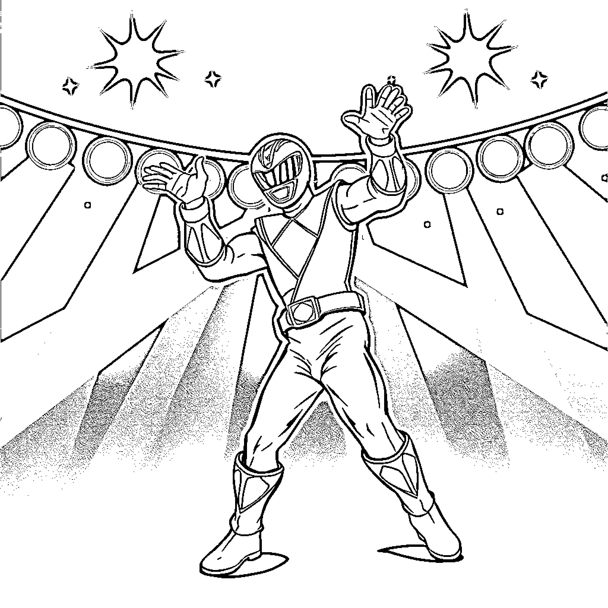 Power Ranger in heroic pose with energy beams Coloring Page (free black-and-white line drawing printable PDF for all, from beginners to advanced learners, including children, teens, adults, and seniors)
