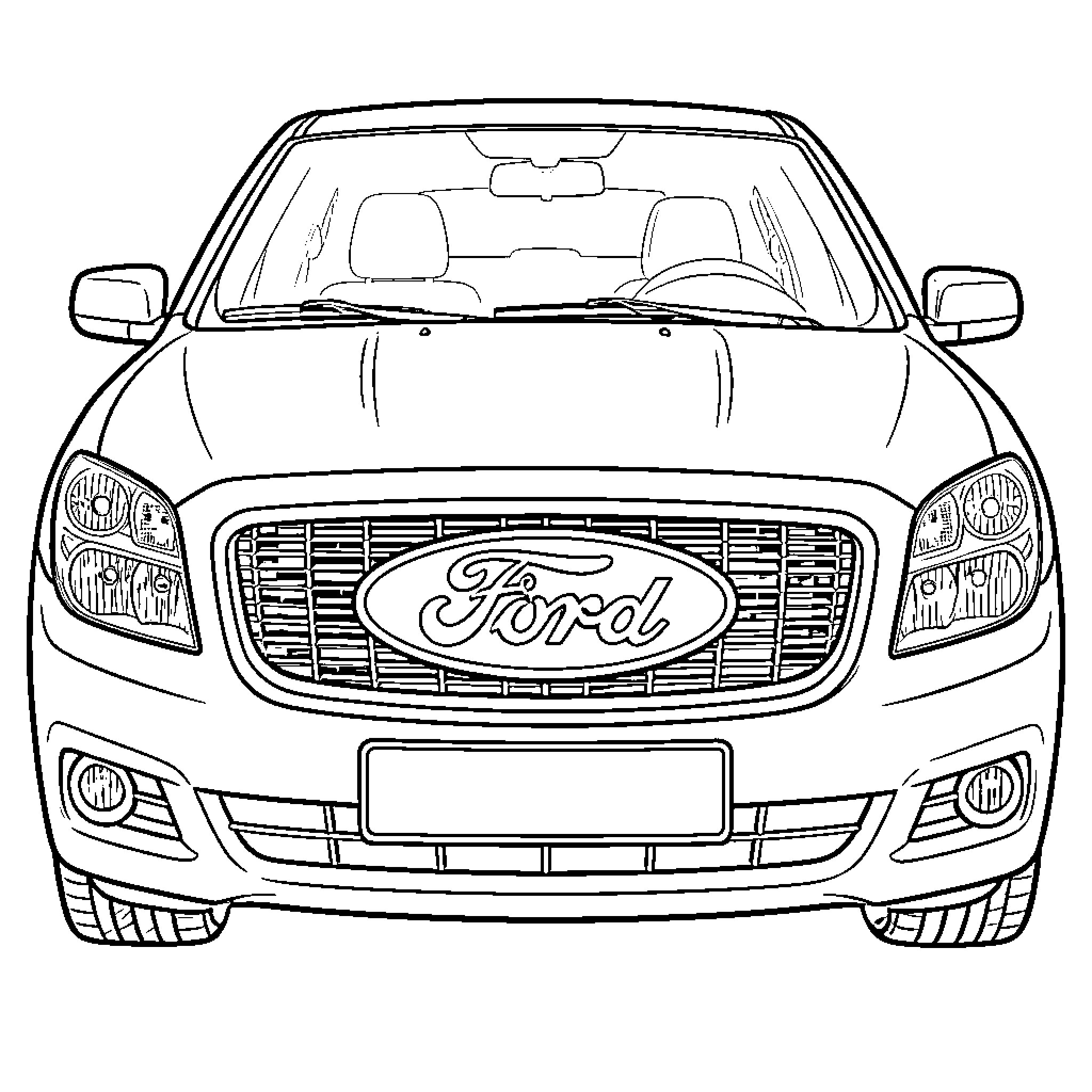 Ford Logo displayed on the front of a car Coloring Page (free black-and-white line drawing printable PDF for all, from beginners to advanced learners, including children, teens, adults, and seniors)