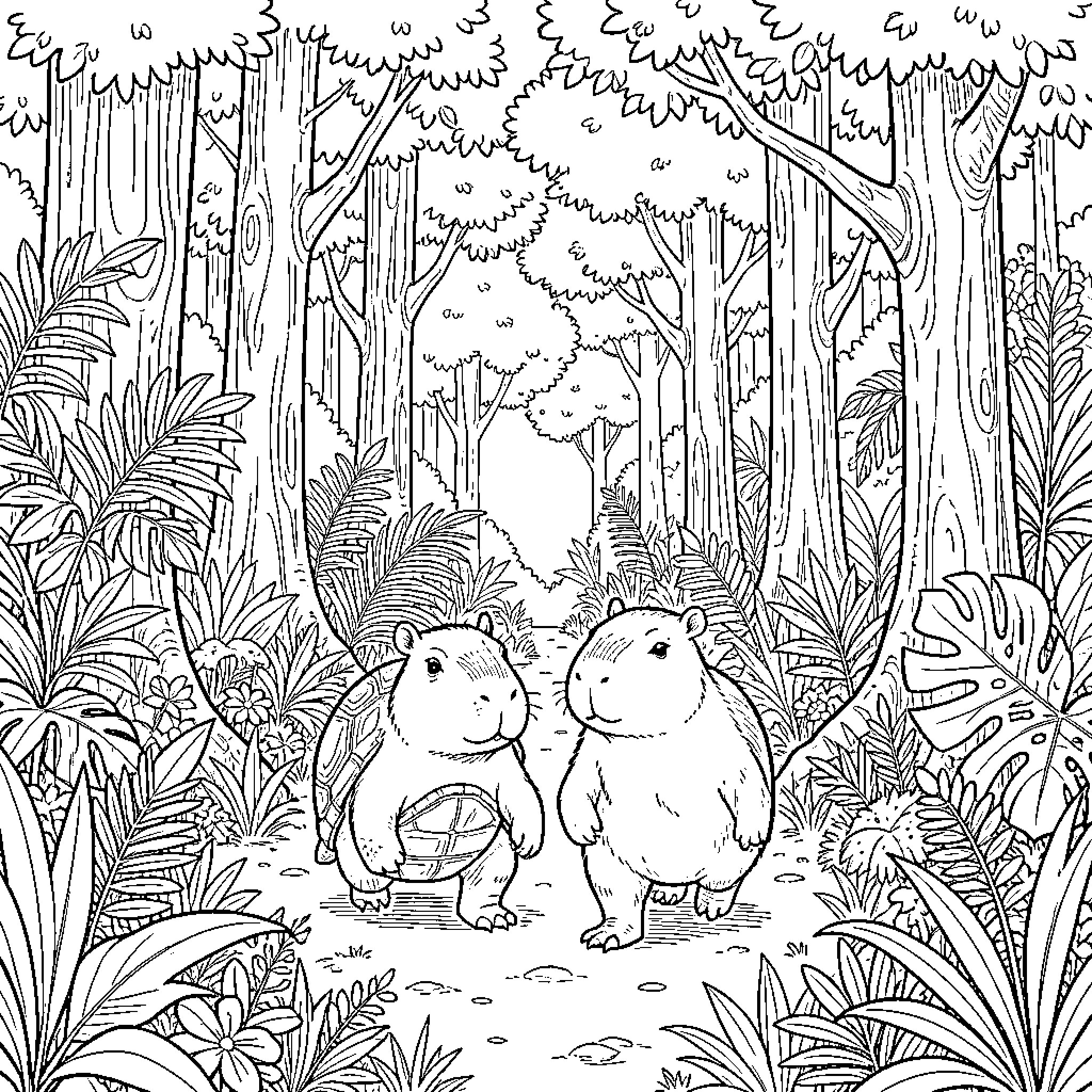 Turtle friends exploring the lush forest Coloring Page (free black-and-white line drawing printable PDF for all, from beginners to advanced learners, including children, teens, adults, and seniors)