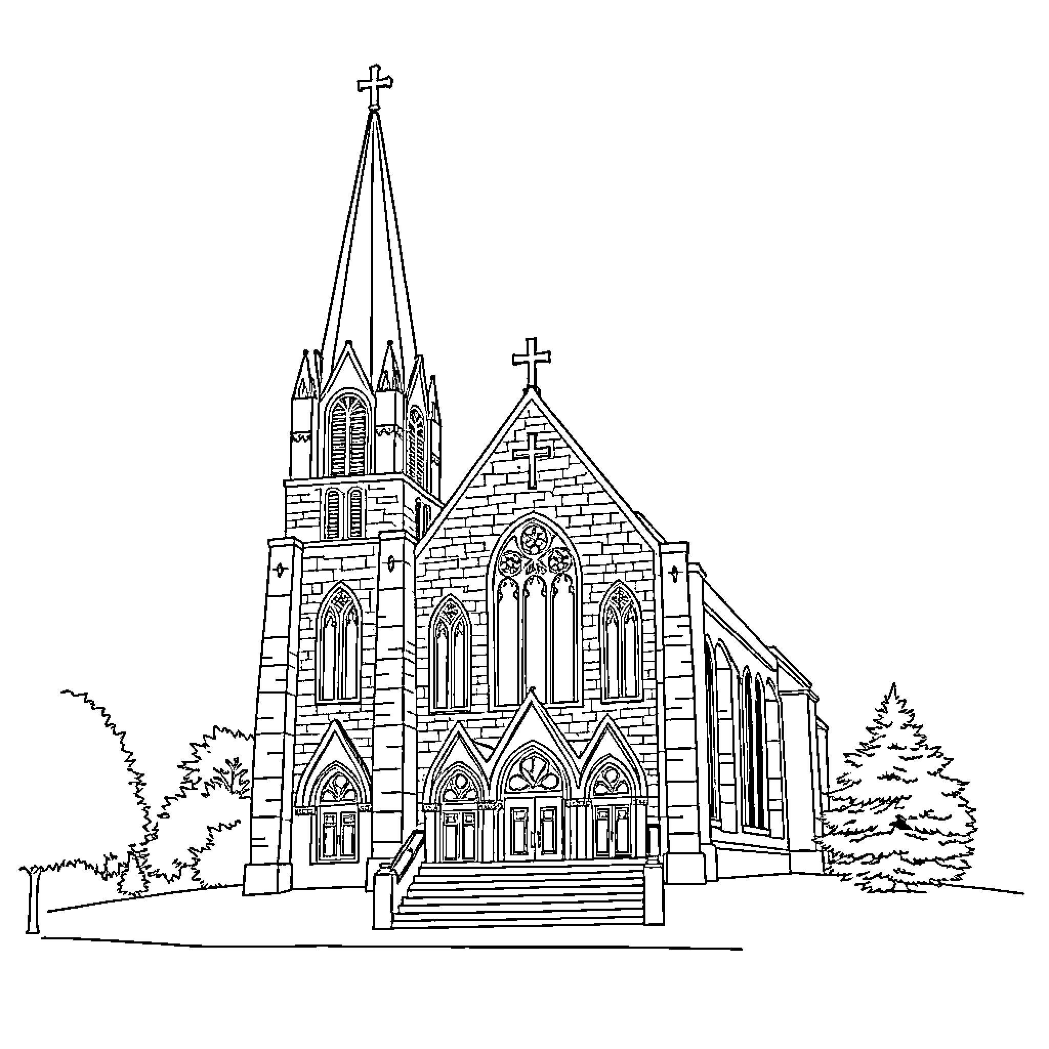 Church with Gothic Architecture and Steeple Coloring Page (free black-and-white line drawing printable PDF for all, from beginners to advanced learners, including children, teens, adults, and seniors)