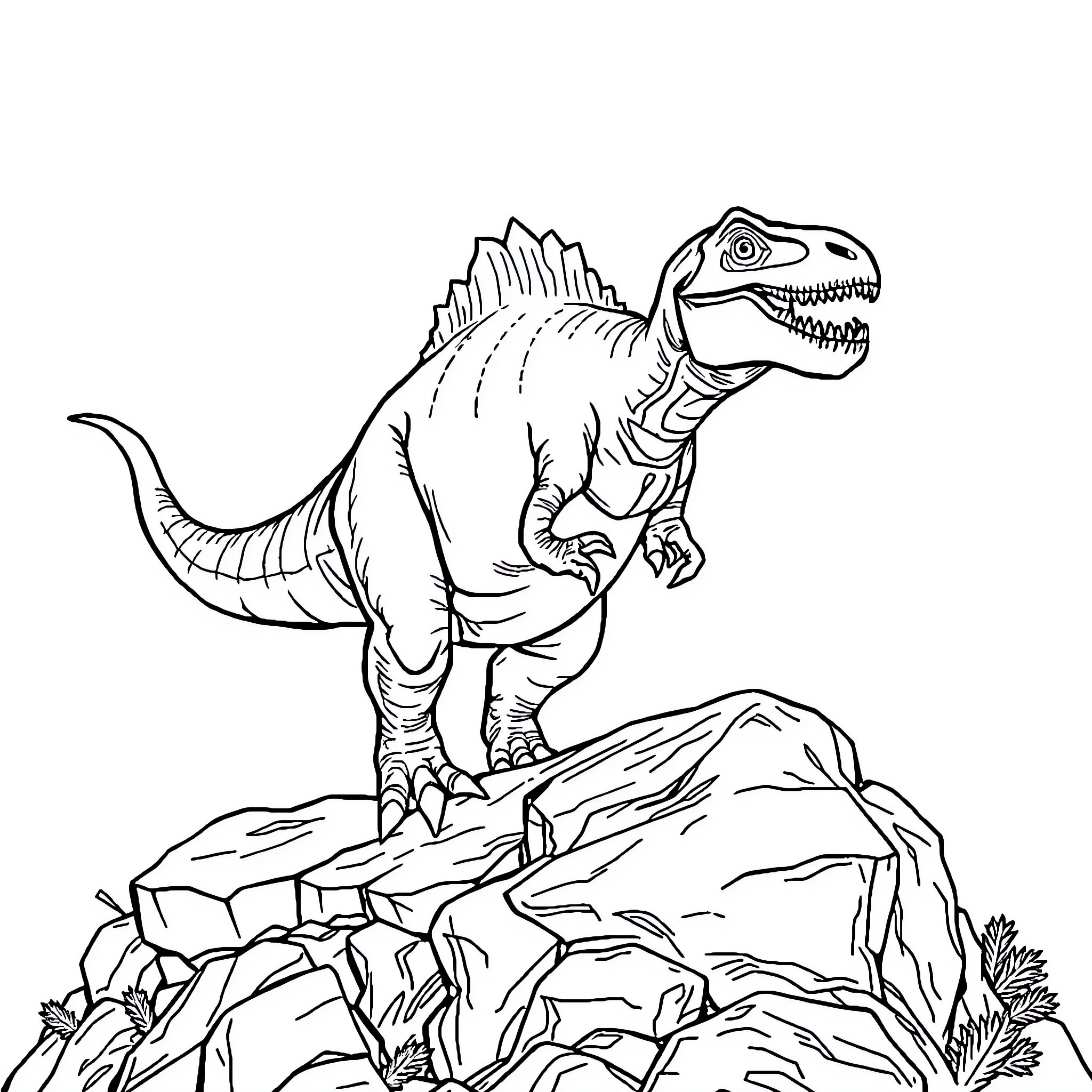 Dinosaur standing tall on rocky terrain Coloring Page (free black-and-white line drawing printable PDF for all, from beginners to advanced learners, including children, teens, adults, and seniors)