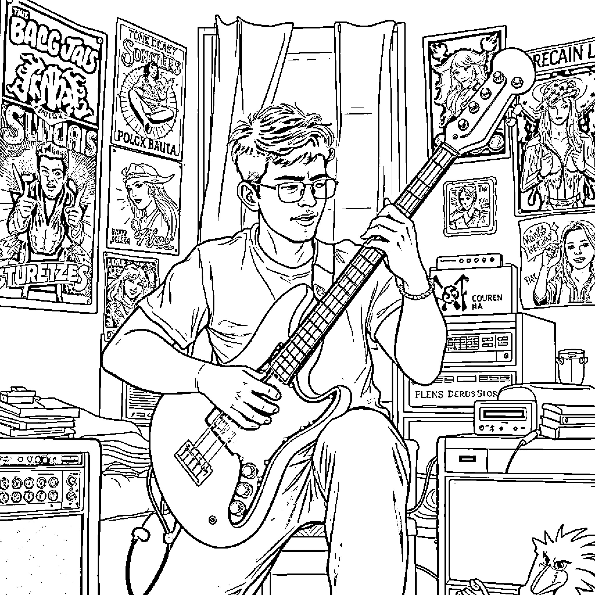 Ecuadorian Musician Playing Guitar in Music Studio Coloring Page (free black-and-white line drawing printable PDF for all, from beginners to advanced learners, including children, teens, adults, and seniors)
