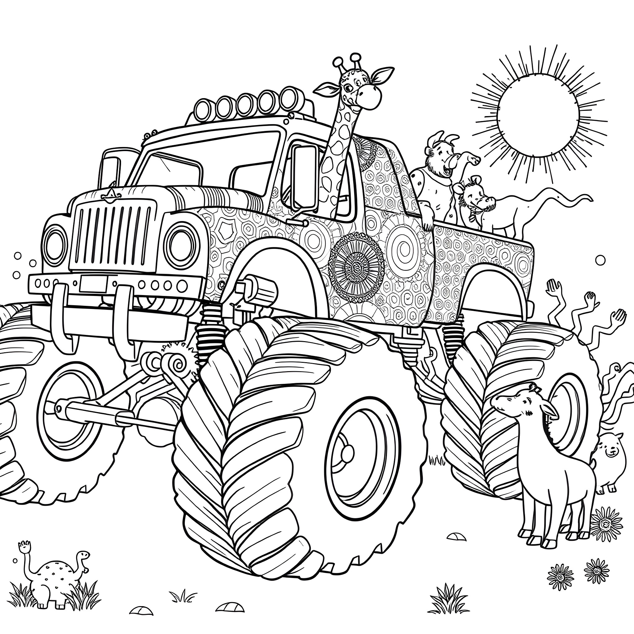 Monster Truck Carrying Playful Animals in Nature Coloring Page (free black-and-white line drawing printable PDF for all, from beginners to advanced learners, including children, teens, adults, and seniors)