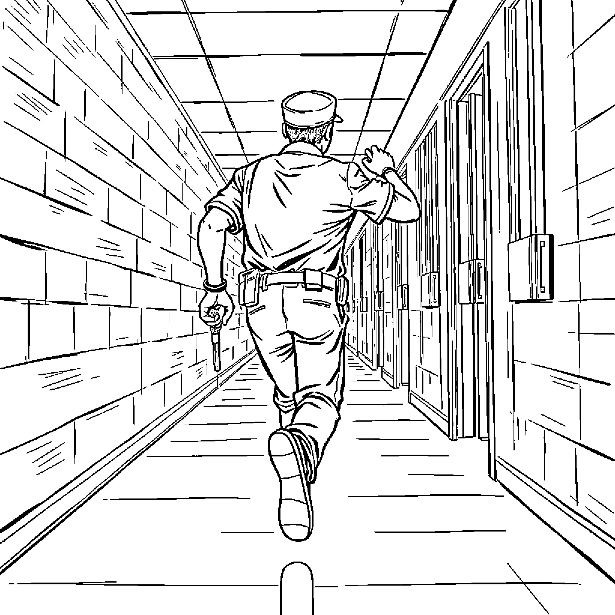 Detention Officer Patrolling the Prison Corridor Coloring Page (free black-and-white line drawing printable PDF for all, from beginners to advanced learners, including children, teens, adults, and seniors)