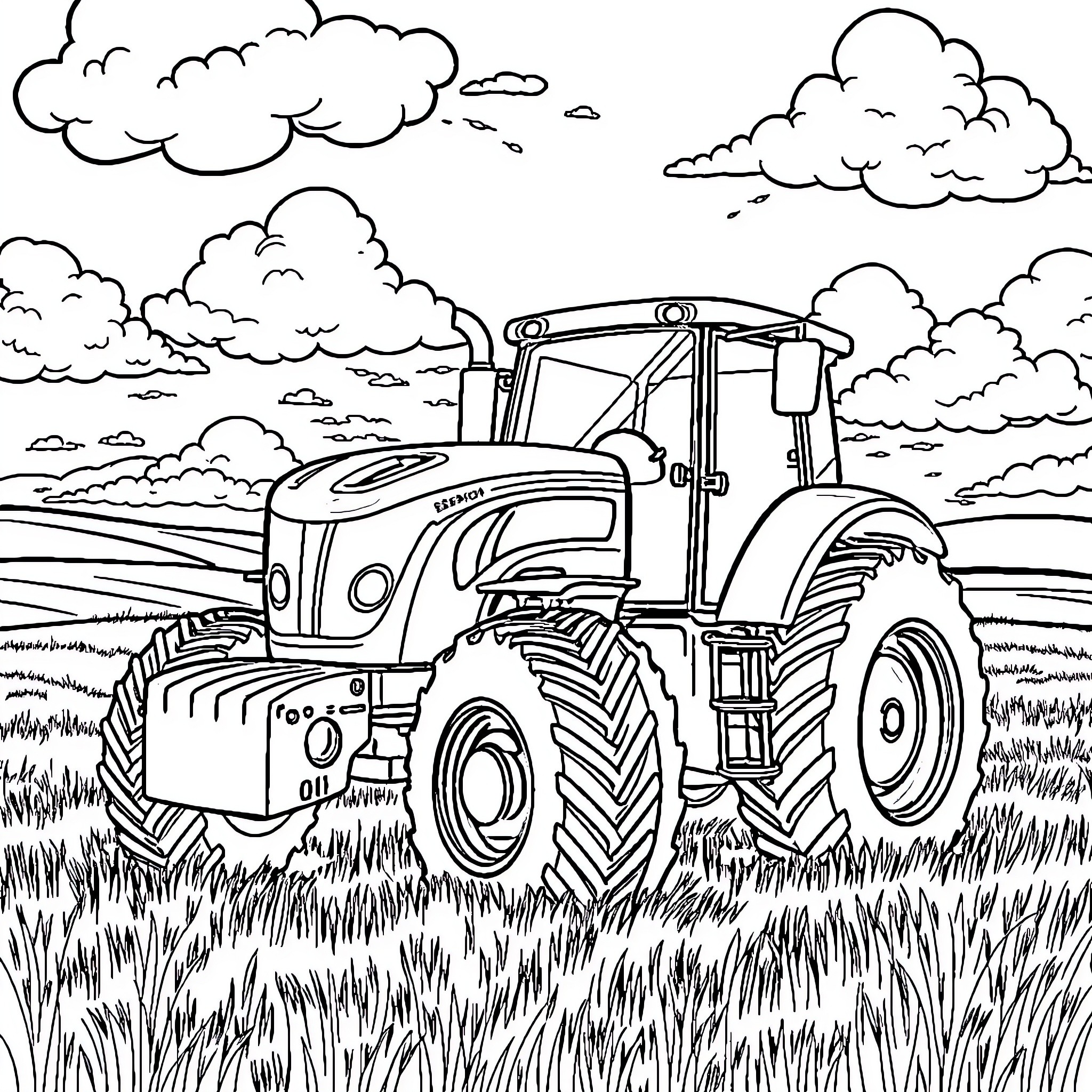 Tractor plowing a field on a cloudy day Coloring Page (free black-and-white line drawing printable PDF for all, from beginners to advanced learners, including children, teens, adults, and seniors)