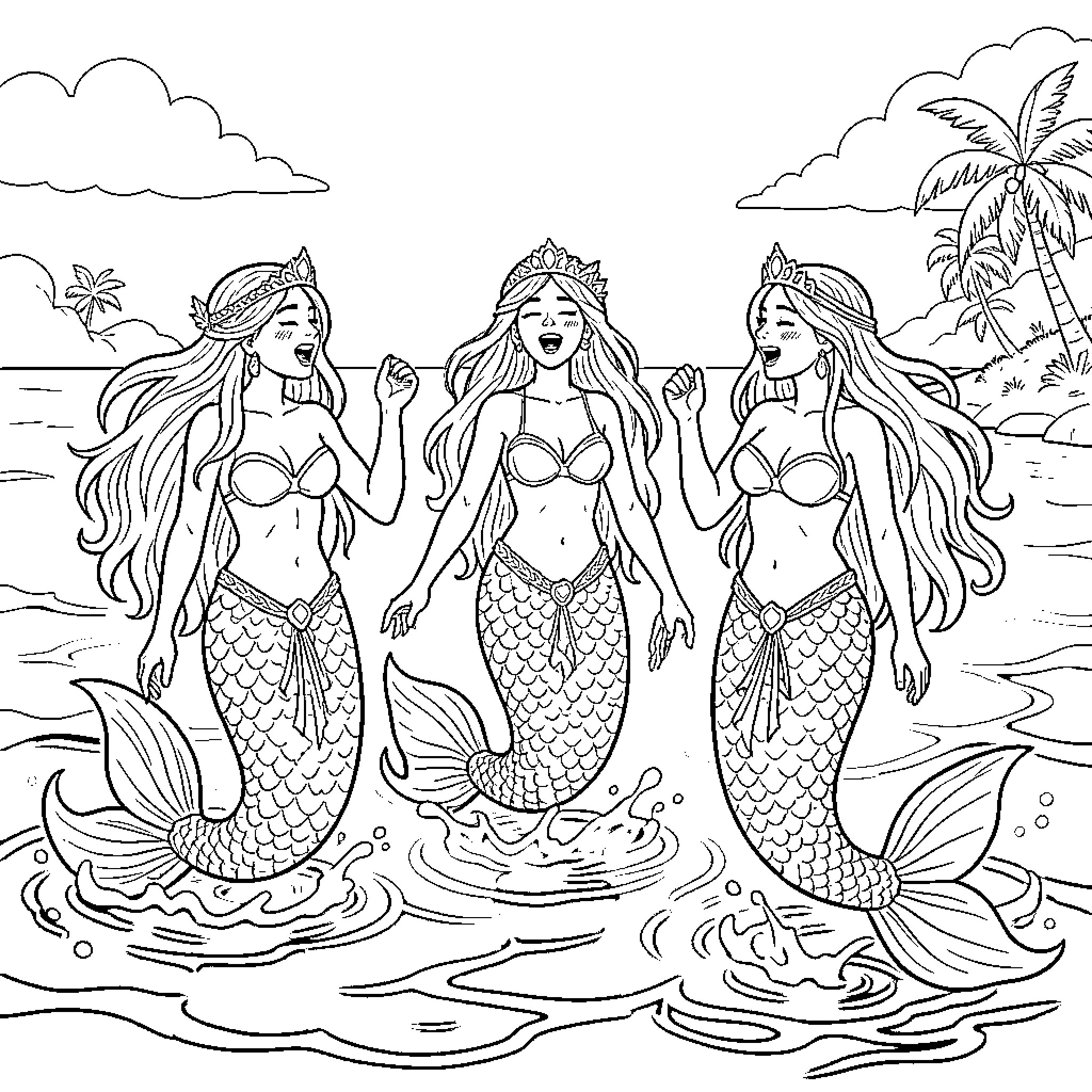 Siren Mermaids Frolicking in the Ocean Coloring Page (free black-and-white line drawing printable PDF for all, from beginners to advanced learners, including children, teens, adults, and seniors)