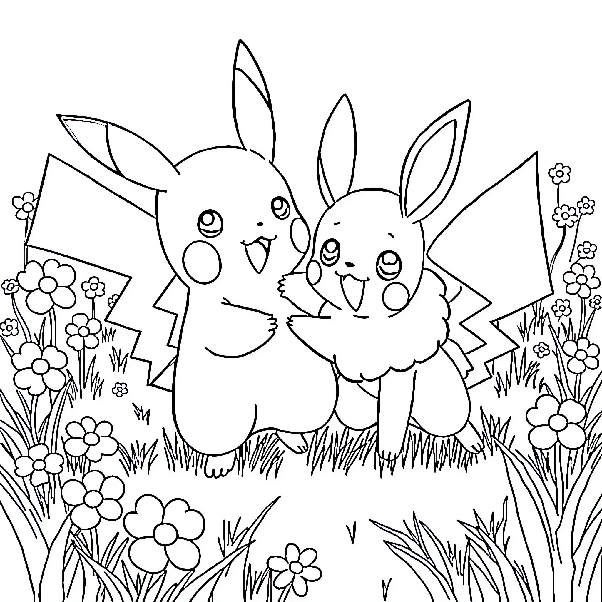 Pikachu and Bunnies Playing in a Floral Garden Coloring Page (free black-and-white line drawing printable PDF for all, from beginners to advanced learners, including children, teens, adults, and seniors)