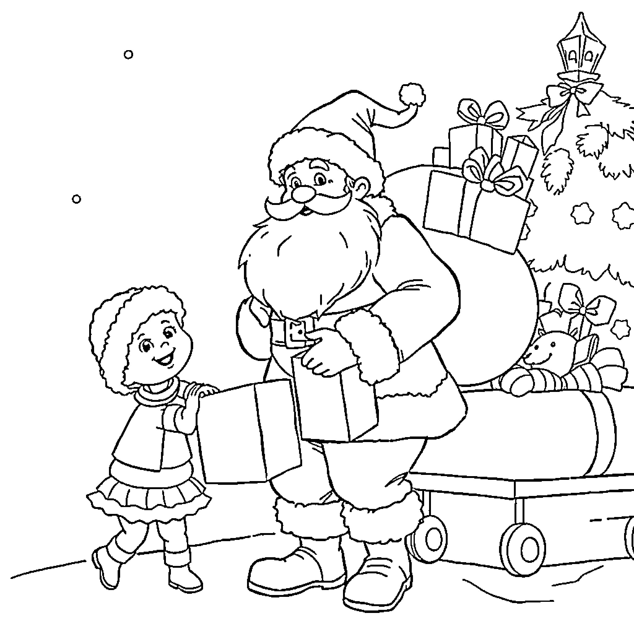 Santa delivering gifts to happy children Coloring Page (free black-and-white line drawing printable PDF for all, from beginners to advanced learners, including children, teens, adults, and seniors)