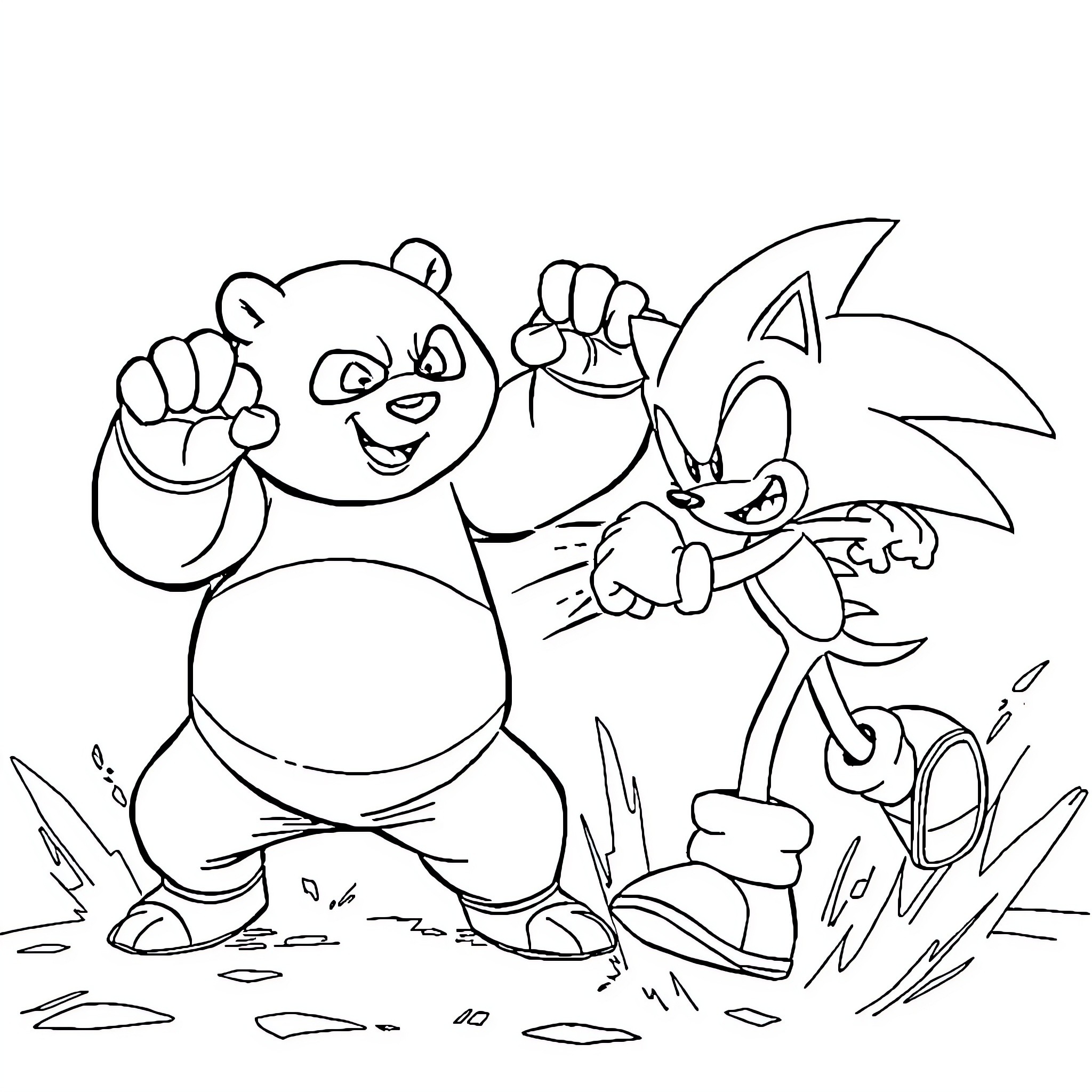 Kung Fu Panda and Sonic the Hedgehog in action Coloring Page (free black-and-white line drawing printable PDF for all, from beginners to advanced learners, including children, teens, adults, and seniors)
