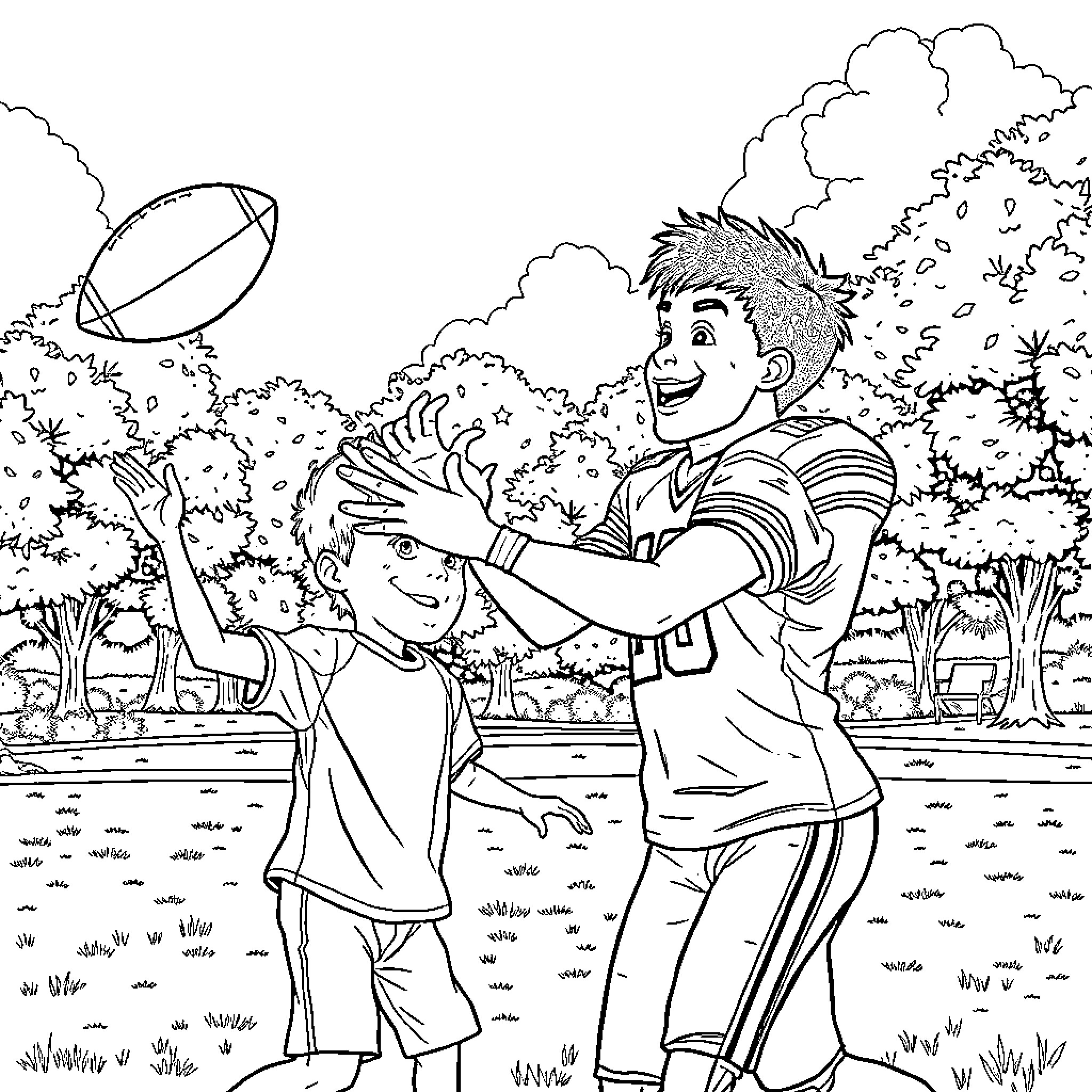 Lamar Jackson playing football with a child in the park Coloring Page (free black-and-white line drawing printable PDF for all, from beginners to advanced learners, including children, teens, adults, and seniors)