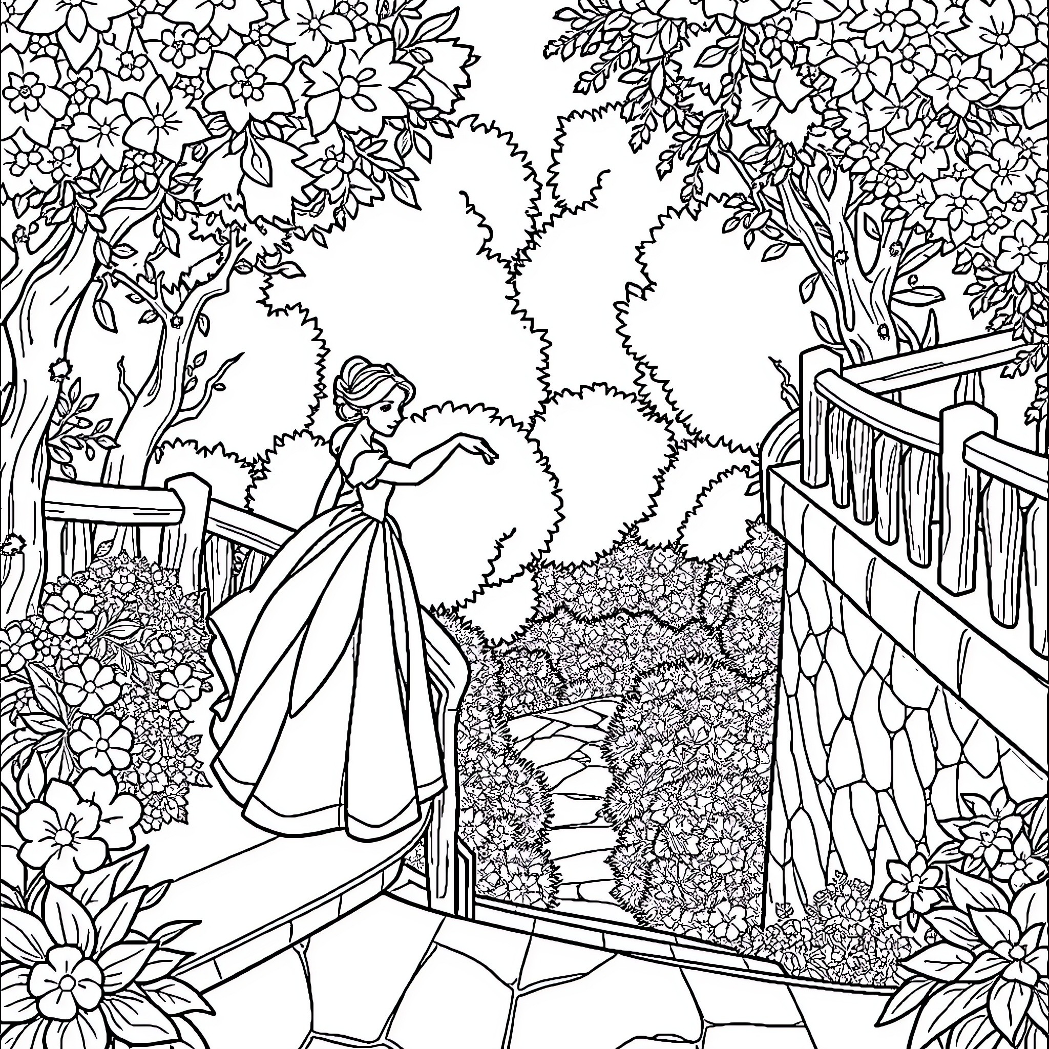 Princess in a Lush Garden Exploring Coloring Page (free black-and-white line drawing printable PDF for all, from beginners to advanced learners, including children, teens, adults, and seniors)