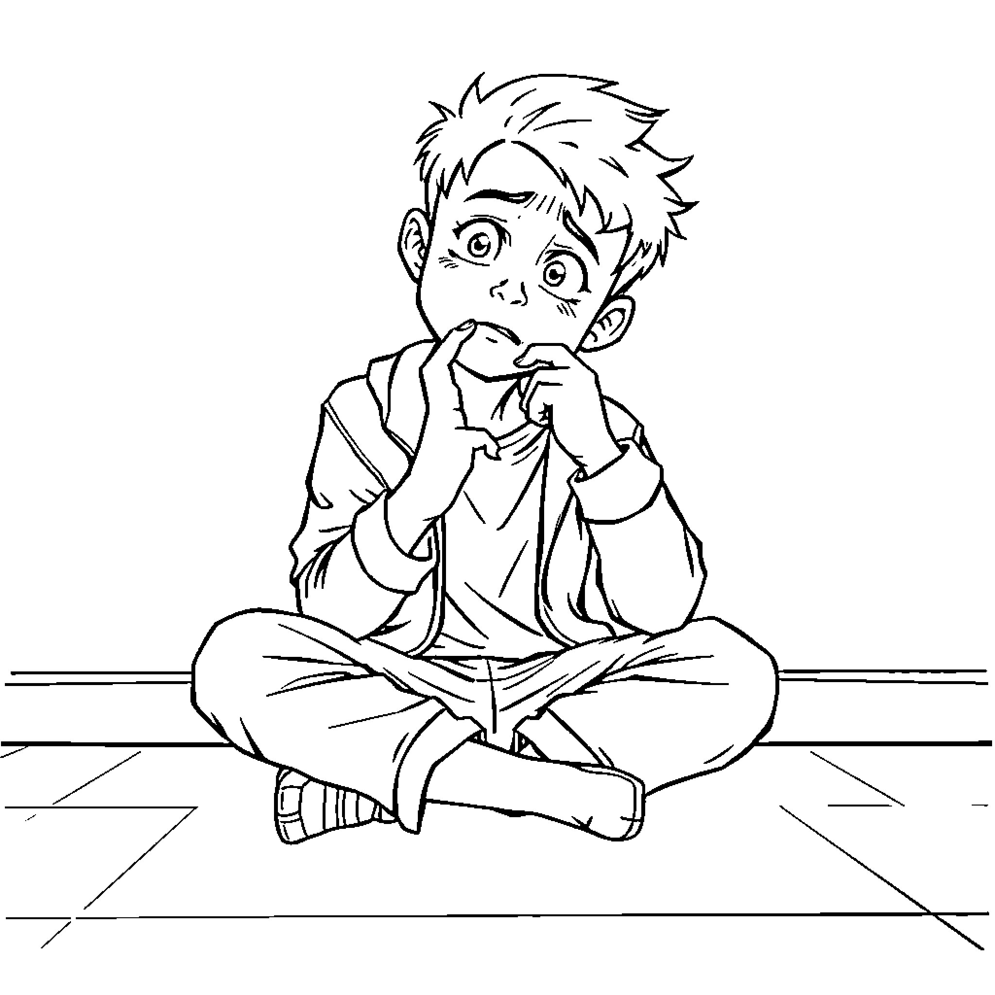 Teenage Boy Contemplating Thoughtfully Coloring Page (free black-and-white line drawing printable PDF for all, from beginners to advanced learners, including children, teens, adults, and seniors)