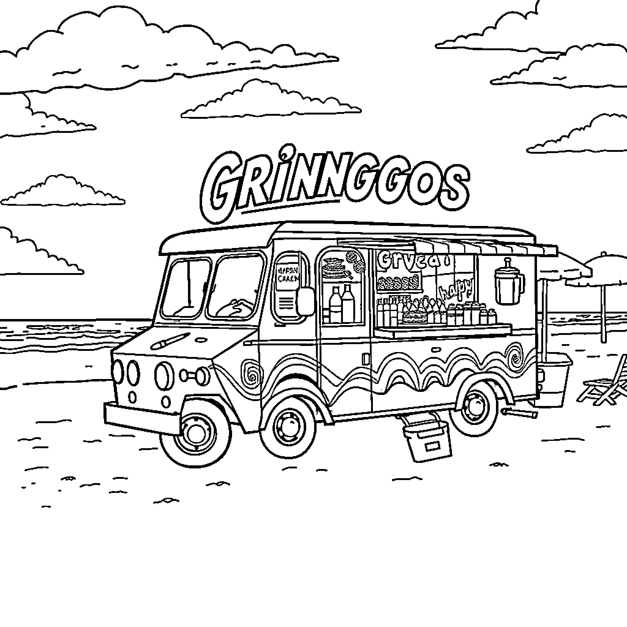 Food Truck with Decorative Designs in Scenic Landscape Coloring Page (free black-and-white line drawing printable PDF for all, from beginners to advanced learners, including children, teens, adults, and seniors)