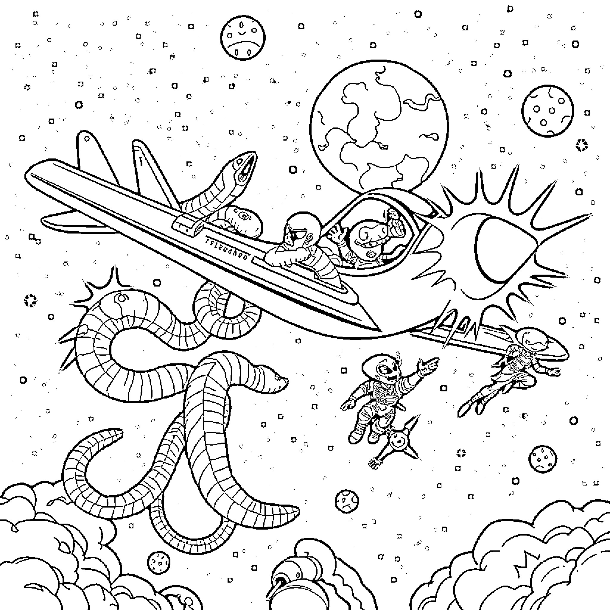 Snake-like creature flying through space Coloring Page (free black-and-white line drawing printable PDF for all, from beginners to advanced learners, including children, teens, adults, and seniors)