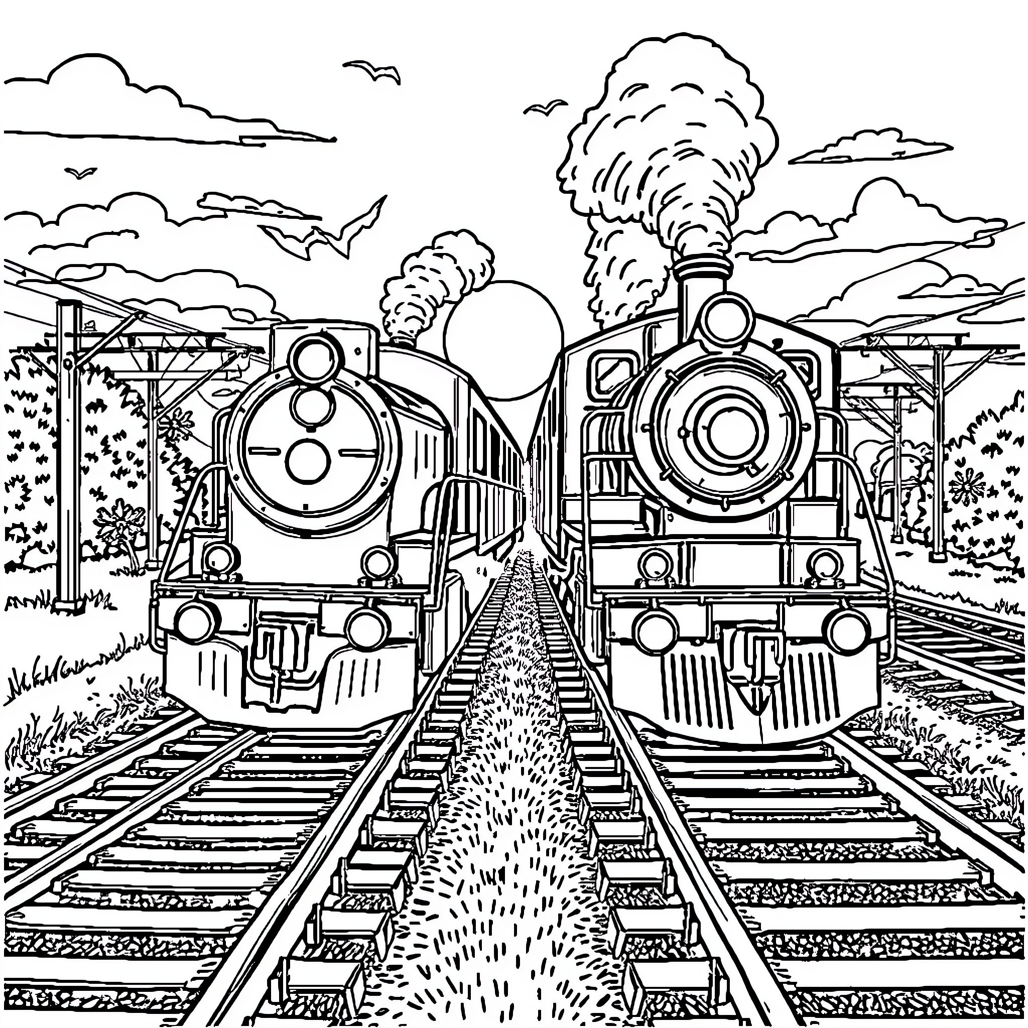 Train Engines Traveling on Railway Tracks in Scenic Landscape Coloring Page (free black-and-white line drawing printable PDF for all, from beginners to advanced learners, including children, teens, adults, and seniors)