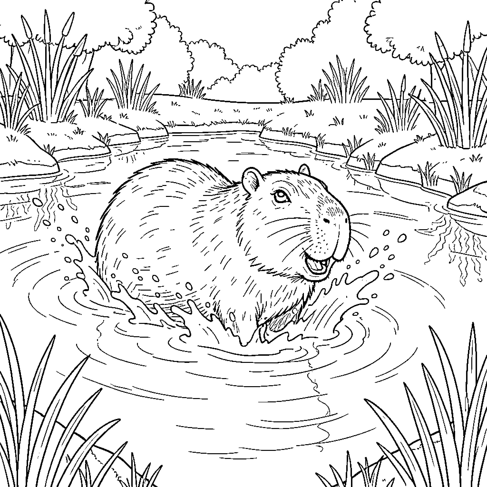 Capybara splashing happily in a forest pond Coloring Page (free black-and-white line drawing printable PDF for all, from beginners to advanced learners, including children, teens, adults, and seniors)