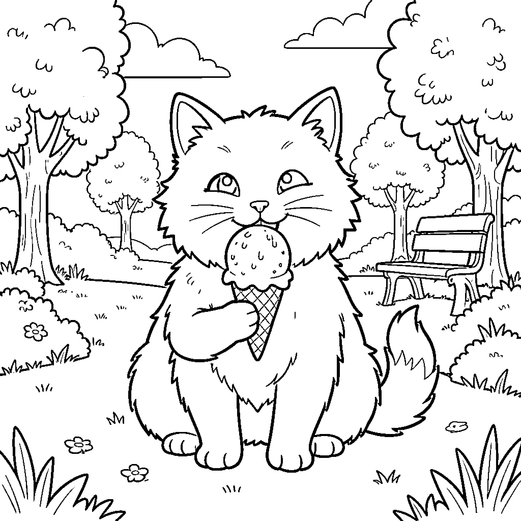 Cat enjoying an ice cream cone in the park Coloring Page (free black-and-white line drawing printable PDF for all, from beginners to advanced learners, including children, teens, adults, and seniors)