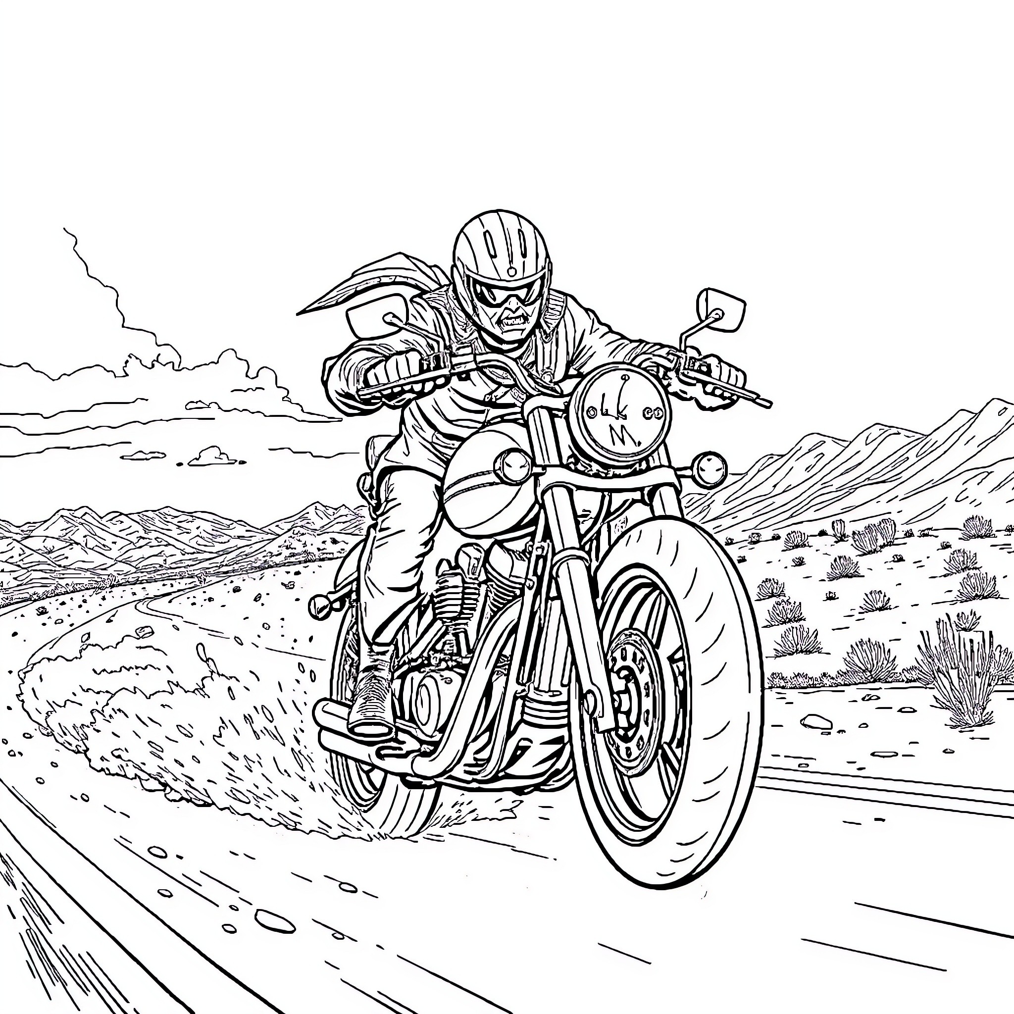 Warrior speeding on a motorcycle across the desert Coloring Page (free black-and-white line drawing printable PDF for all, from beginners to advanced learners, including children, teens, adults, and seniors)