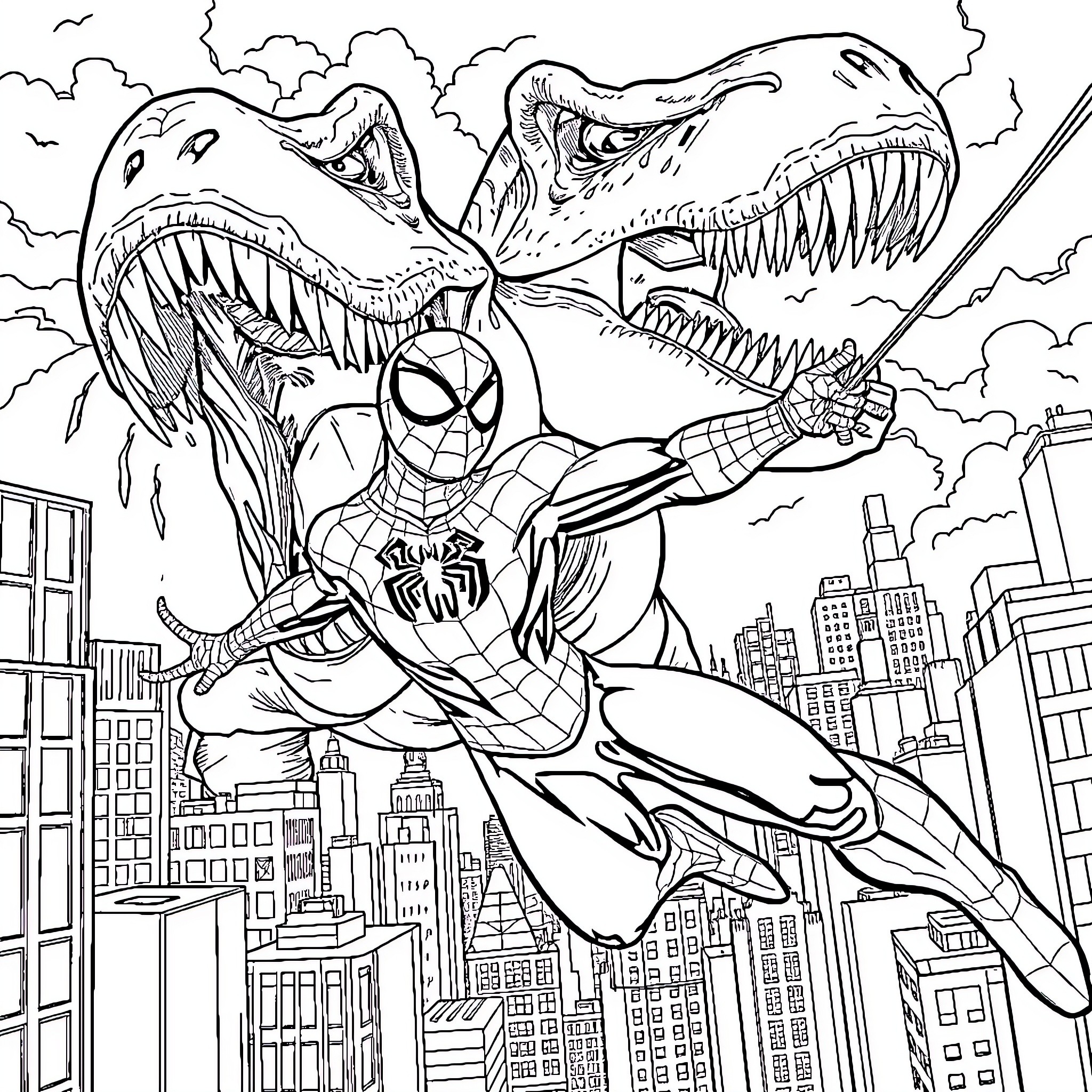 Spiderman battles giant dinosaur in city Coloring Page (free black-and-white line drawing printable PDF for all, from beginners to advanced learners, including children, teens, adults, and seniors)