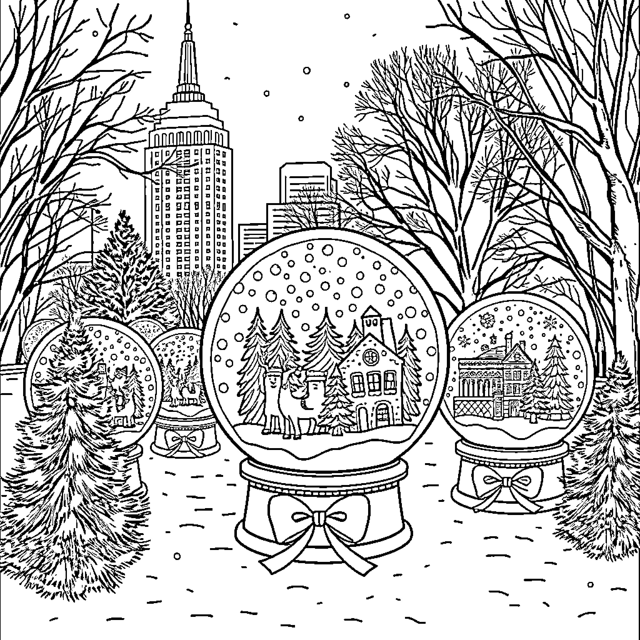 Snow Globe depicting a snowy cityscape Coloring Page (free black-and-white line drawing printable PDF for all, from beginners to advanced learners, including children, teens, adults, and seniors)