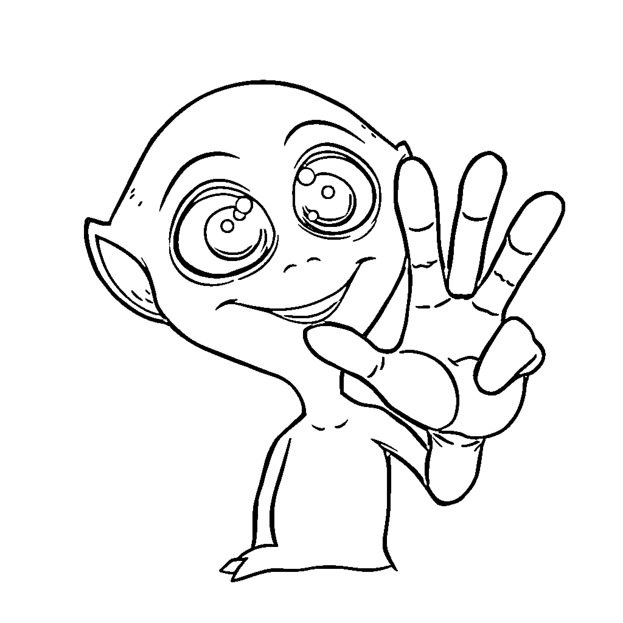 Alien creature waving in a friendly manner Coloring Page (free black-and-white line drawing printable PDF for all, from beginners to advanced learners, including children, teens, adults, and seniors)