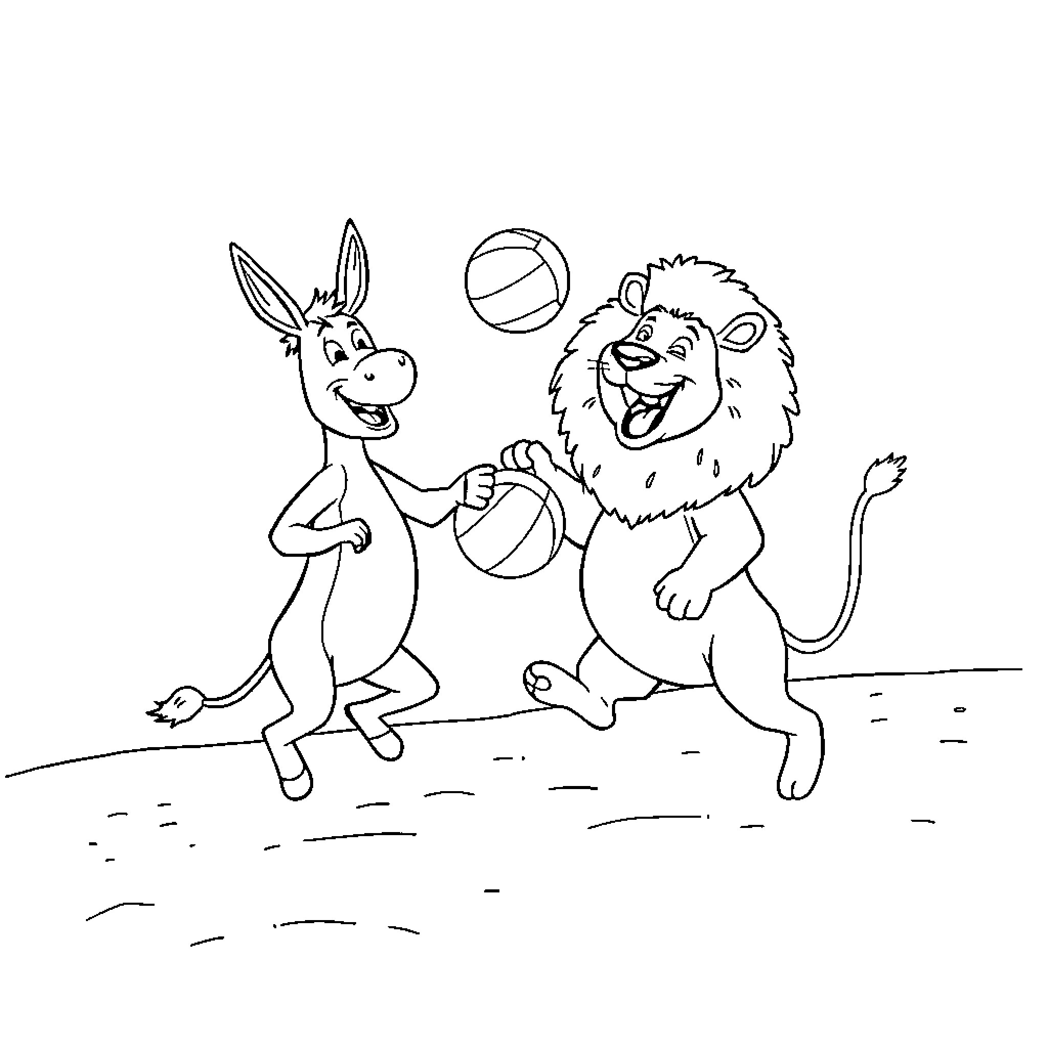 Donkey and Lion Playing Happily with Ball Coloring Page (free black-and-white line drawing printable PDF for all, from beginners to advanced learners, including children, teens, adults, and seniors)