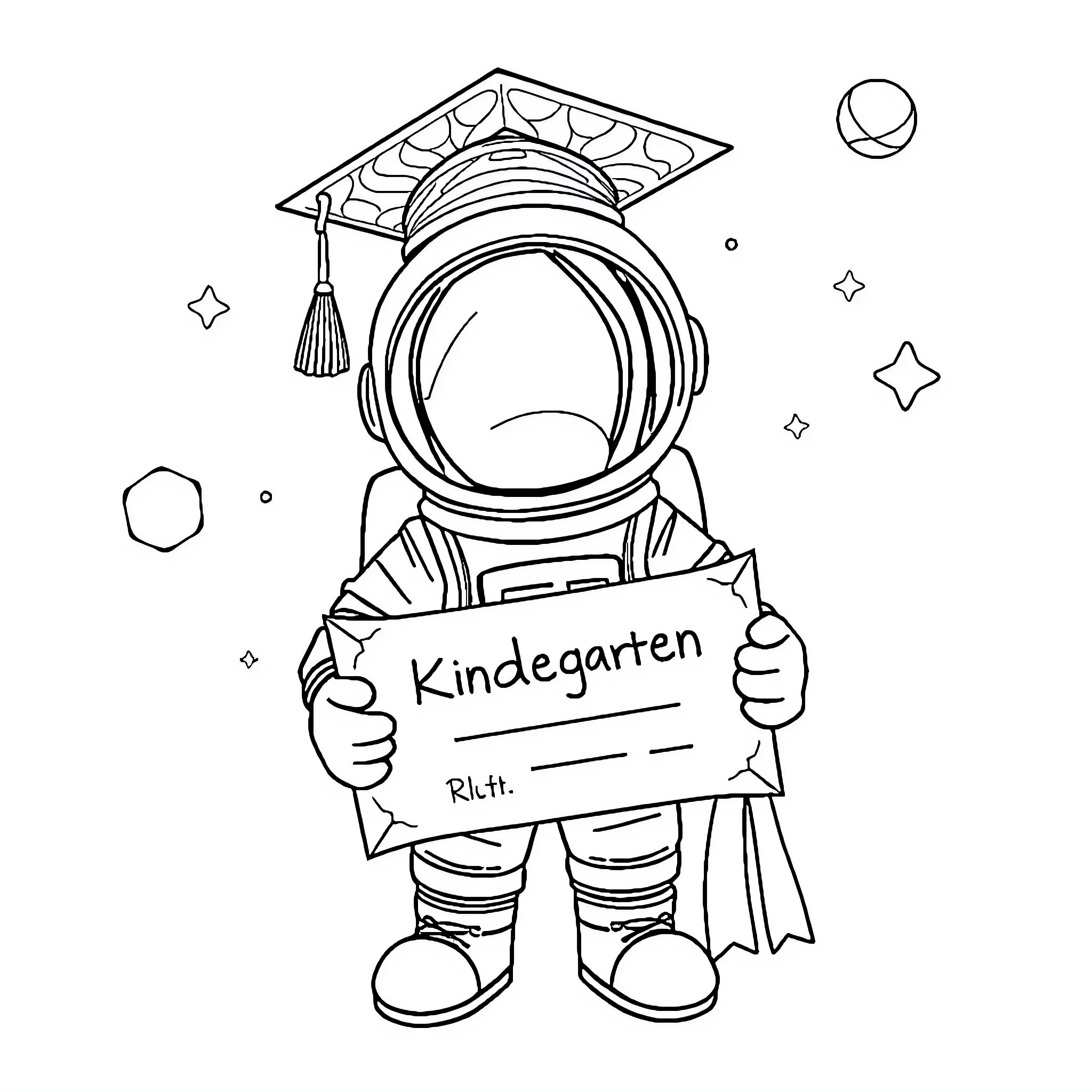 Astronaut holding Kindergarten sign in space Coloring Page (free black-and-white line drawing printable PDF for all, from beginners to advanced learners, including children, teens, adults, and seniors)