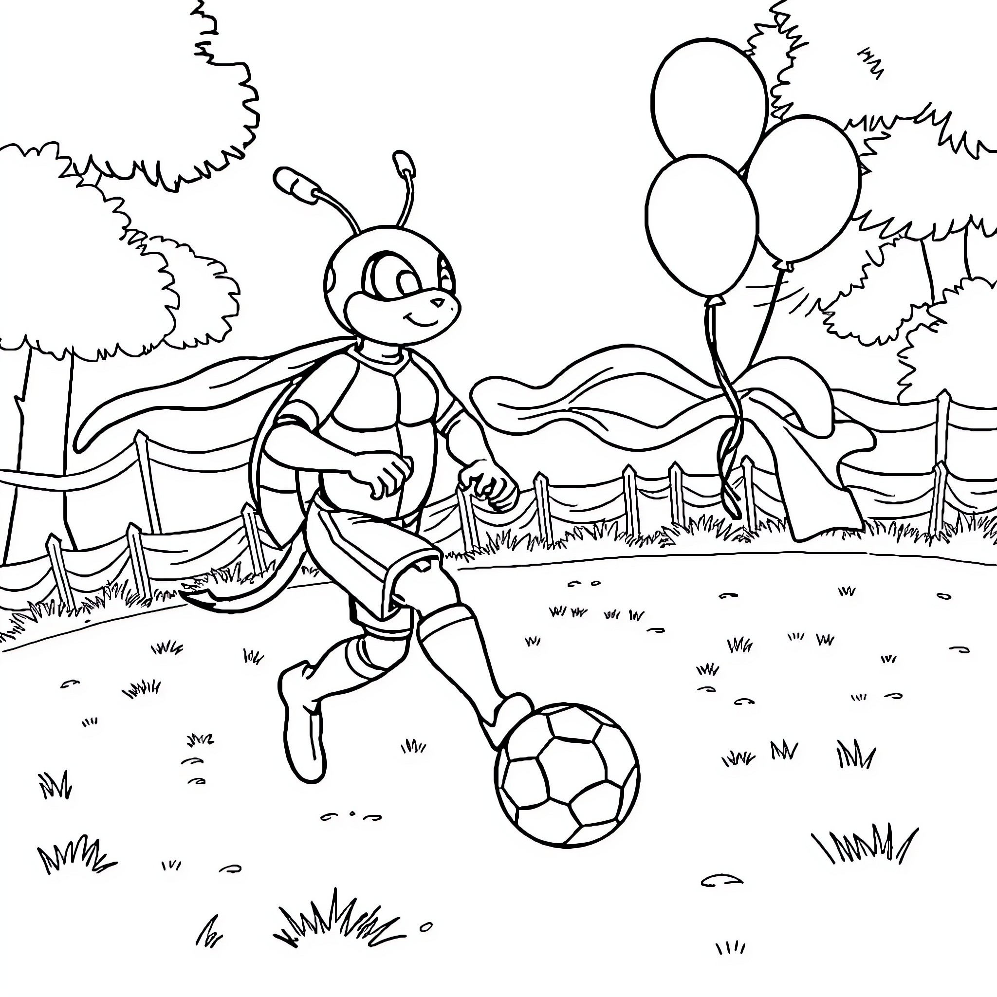 Paw Patrol character playing with soccer ball in nature Coloring Page (free black-and-white line drawing printable PDF for all, from beginners to advanced learners, including children, teens, adults, and seniors)