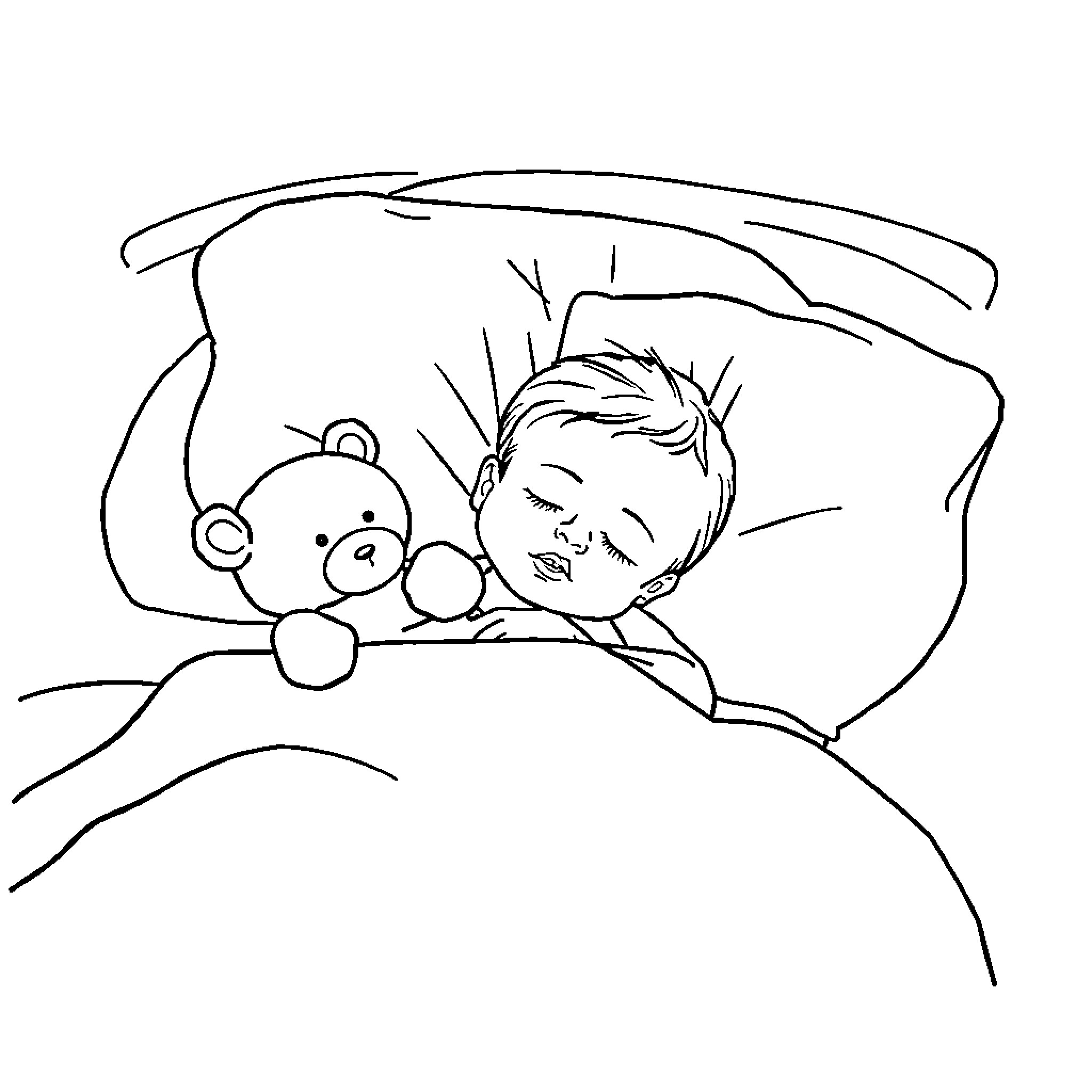 Baby peacefully sleeping with teddy bear Coloring Page (free black-and-white line drawing printable PDF for all, from beginners to advanced learners, including children, teens, adults, and seniors)