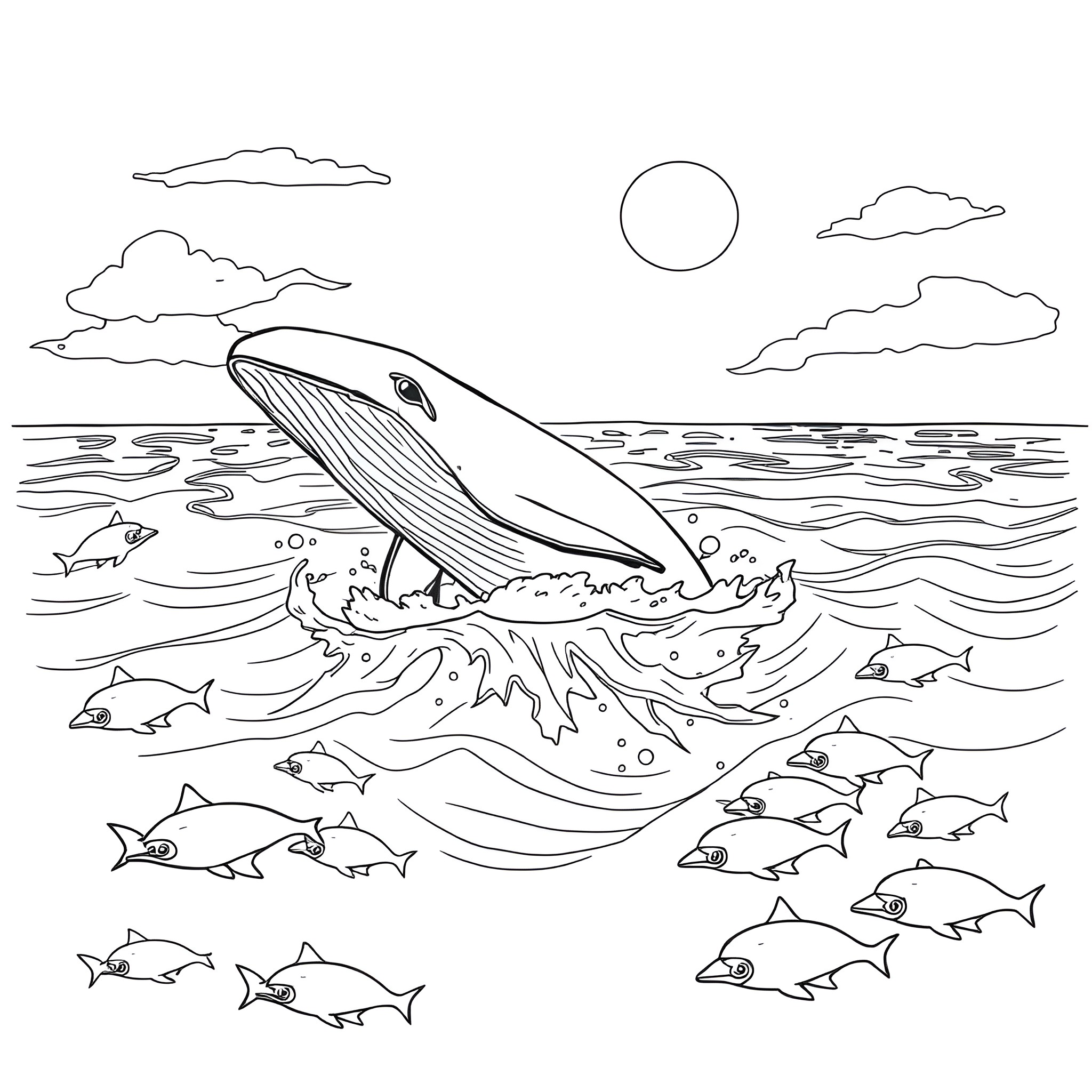 Whale breaching the ocean surface Coloring Page (free black-and-white line drawing printable PDF for all, from beginners to advanced learners, including children, teens, adults, and seniors)