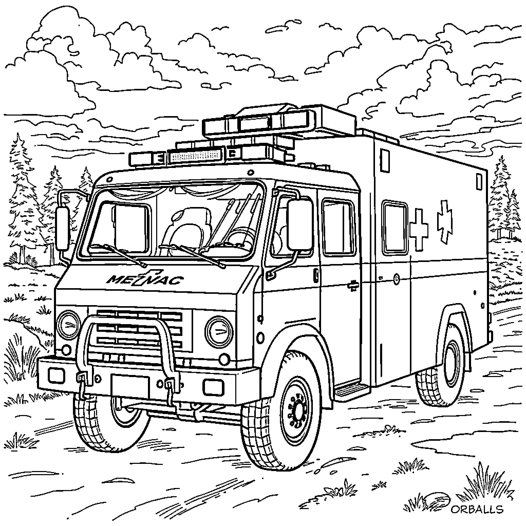 Tank-like Armored Utility Vehicle Traversing Rugged Terrain Coloring Page (free black-and-white line drawing printable PDF for all, from beginners to advanced learners, including children, teens, adults, and seniors)