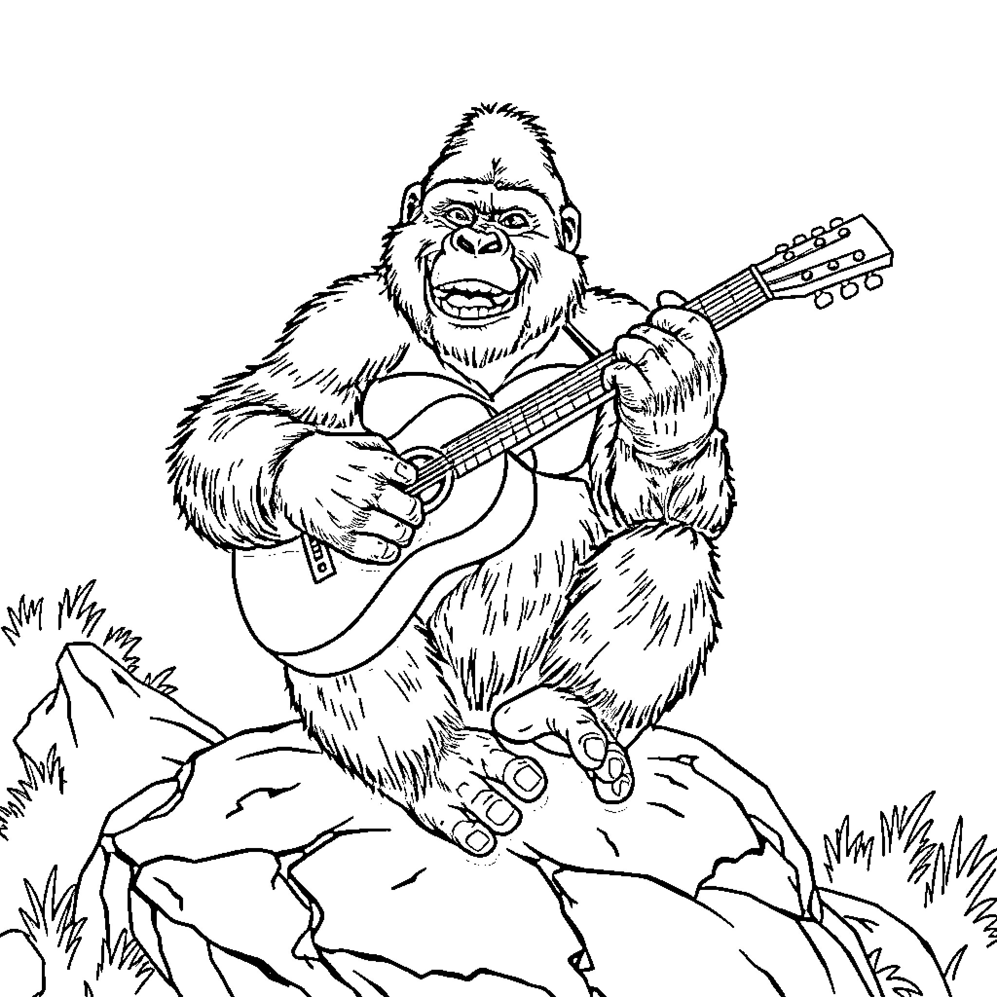 Gorilla playing joyfully with guitar on rocky terrain Coloring Page (free black-and-white line drawing printable PDF for all, from beginners to advanced learners, including children, teens, adults, and seniors)
