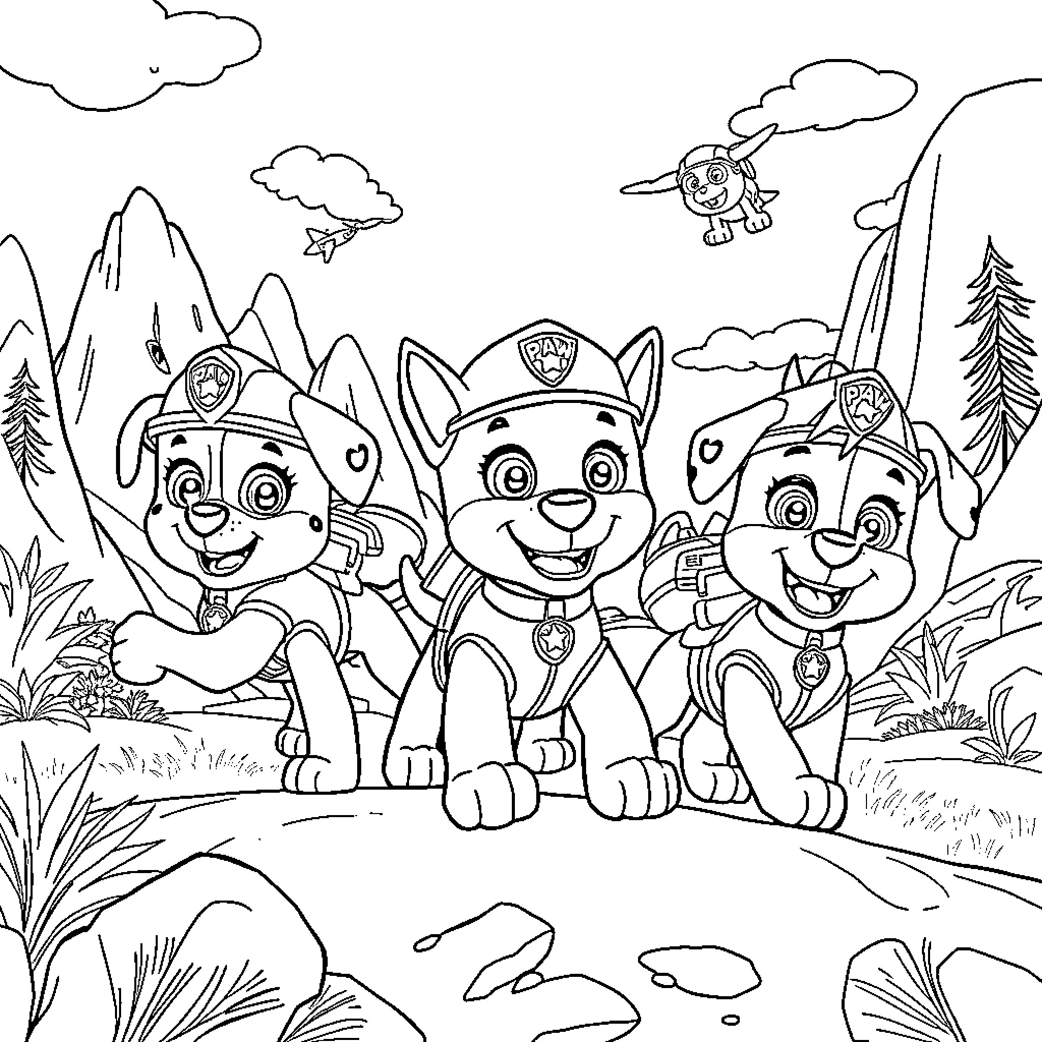 Paw Patrol Pups on an Adventure in the Mountains Coloring Page (free black-and-white line drawing printable PDF for all, from beginners to advanced learners, including children, teens, adults, and seniors)