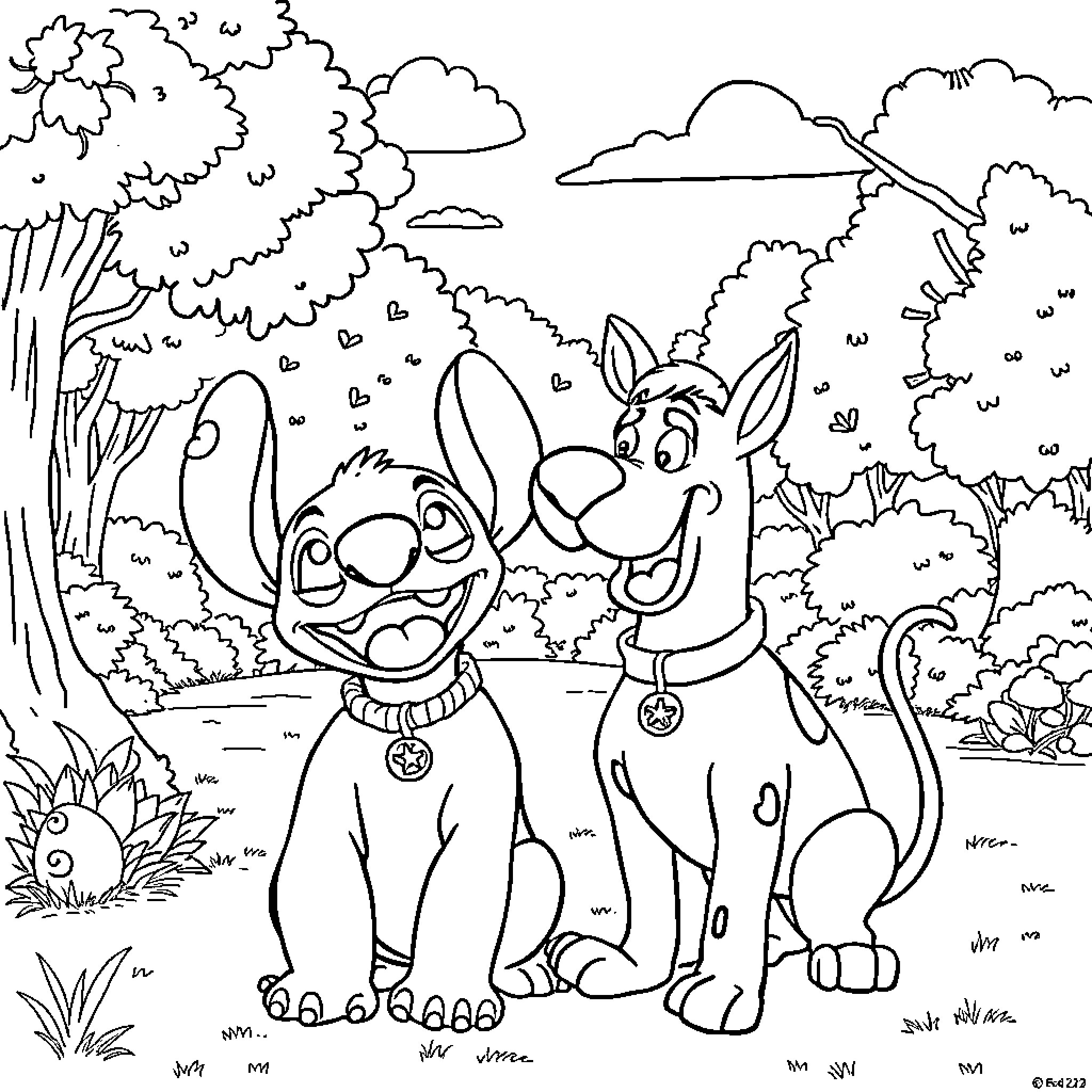 Stitch and Dog Enjoying Outdoor Scenery Coloring Page (free black-and-white line drawing printable PDF for all, from beginners to advanced learners, including children, teens, adults, and seniors)