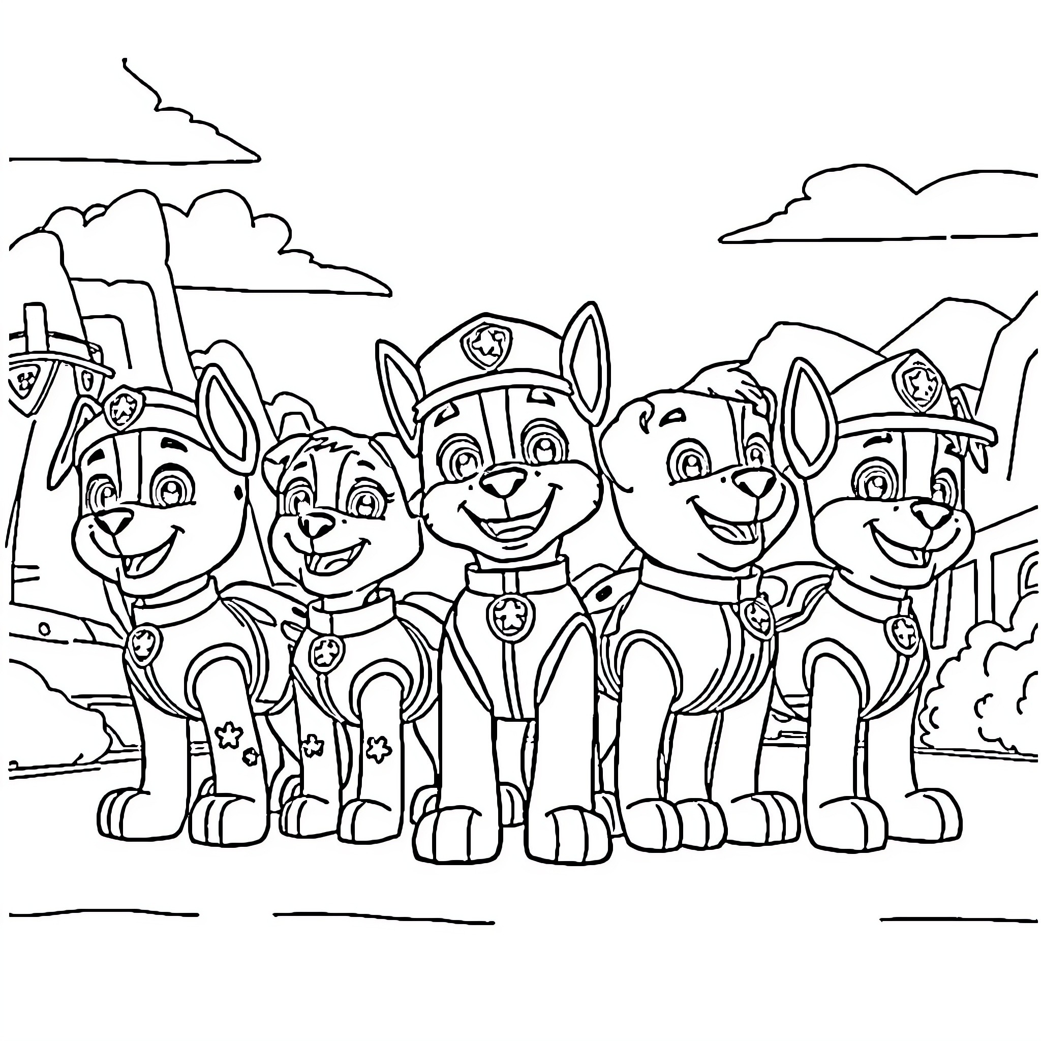 Paw Patrol pups ready for action Coloring Page (free black-and-white line drawing printable PDF for all, from beginners to advanced learners, including children, teens, adults, and seniors)