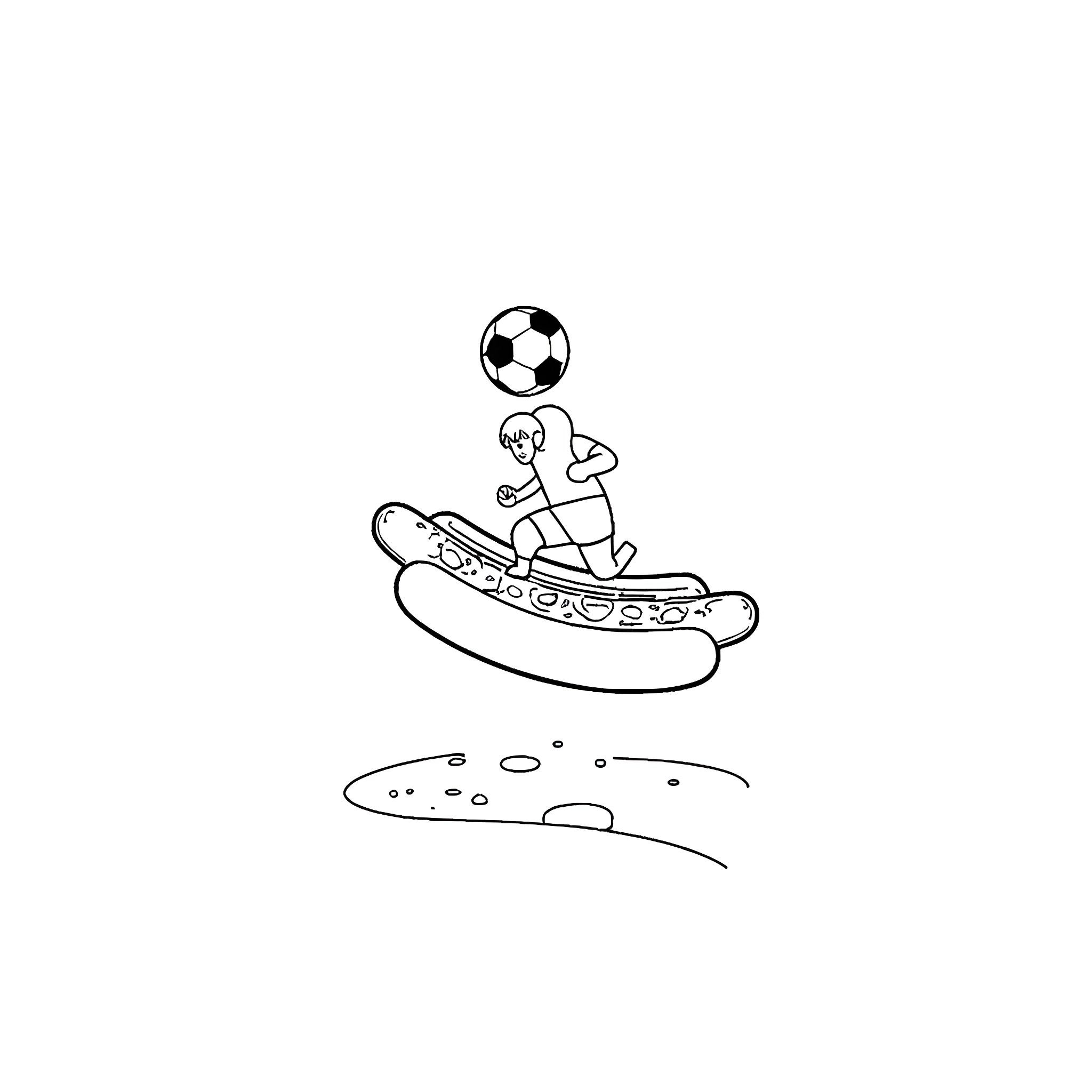 Soccer Player Riding a Hot Dog Shaped Vehicle Coloring Page (free black-and-white line drawing printable PDF for all, from beginners to advanced learners, including children, teens, adults, and seniors)