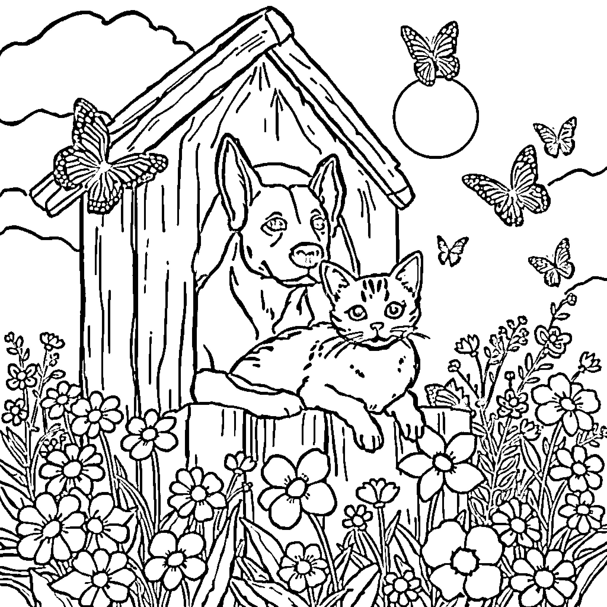 Perro y gatos adorables en un bosque florido Coloring Page (free black-and-white line drawing printable PDF for all, from beginners to advanced learners, including children, teens, adults, and seniors)