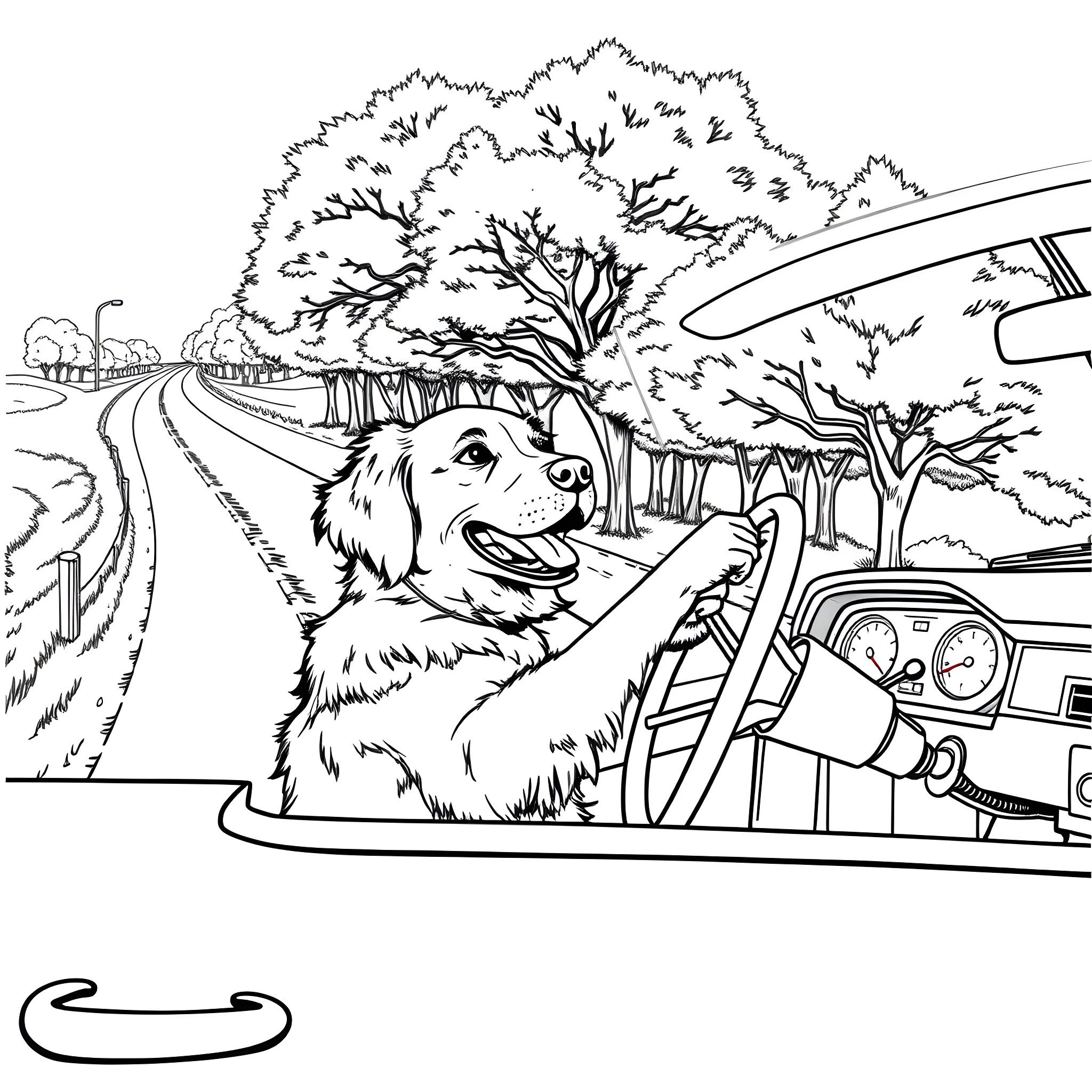 Golden Retriever driving car down the road Coloring Page (free black-and-white line drawing printable PDF for all, from beginners to advanced learners, including children, teens, adults, and seniors)