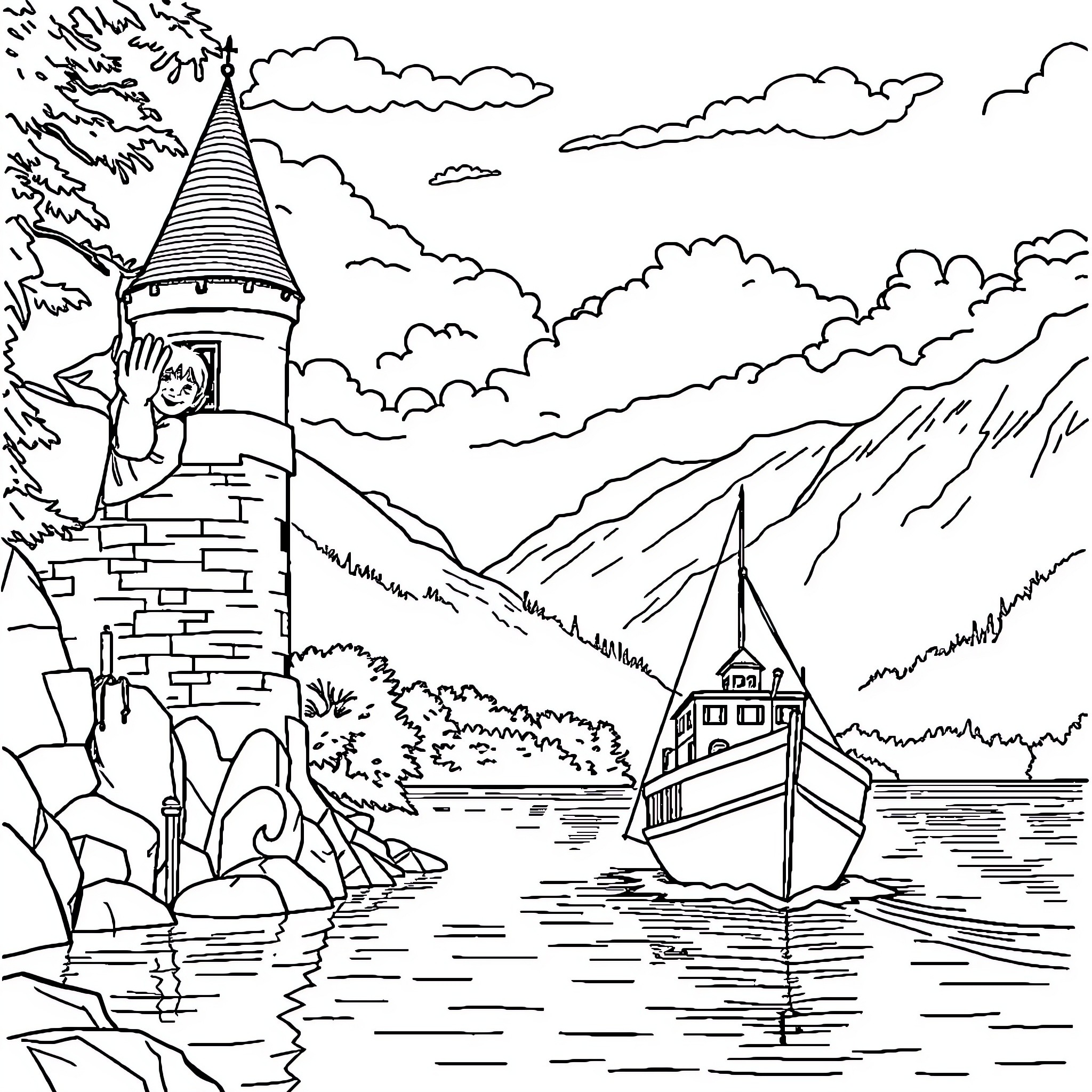 Château by the Lakeside with Sailing Boat Coloring Page (free black-and-white line drawing printable PDF for all, from beginners to advanced learners, including children, teens, adults, and seniors)