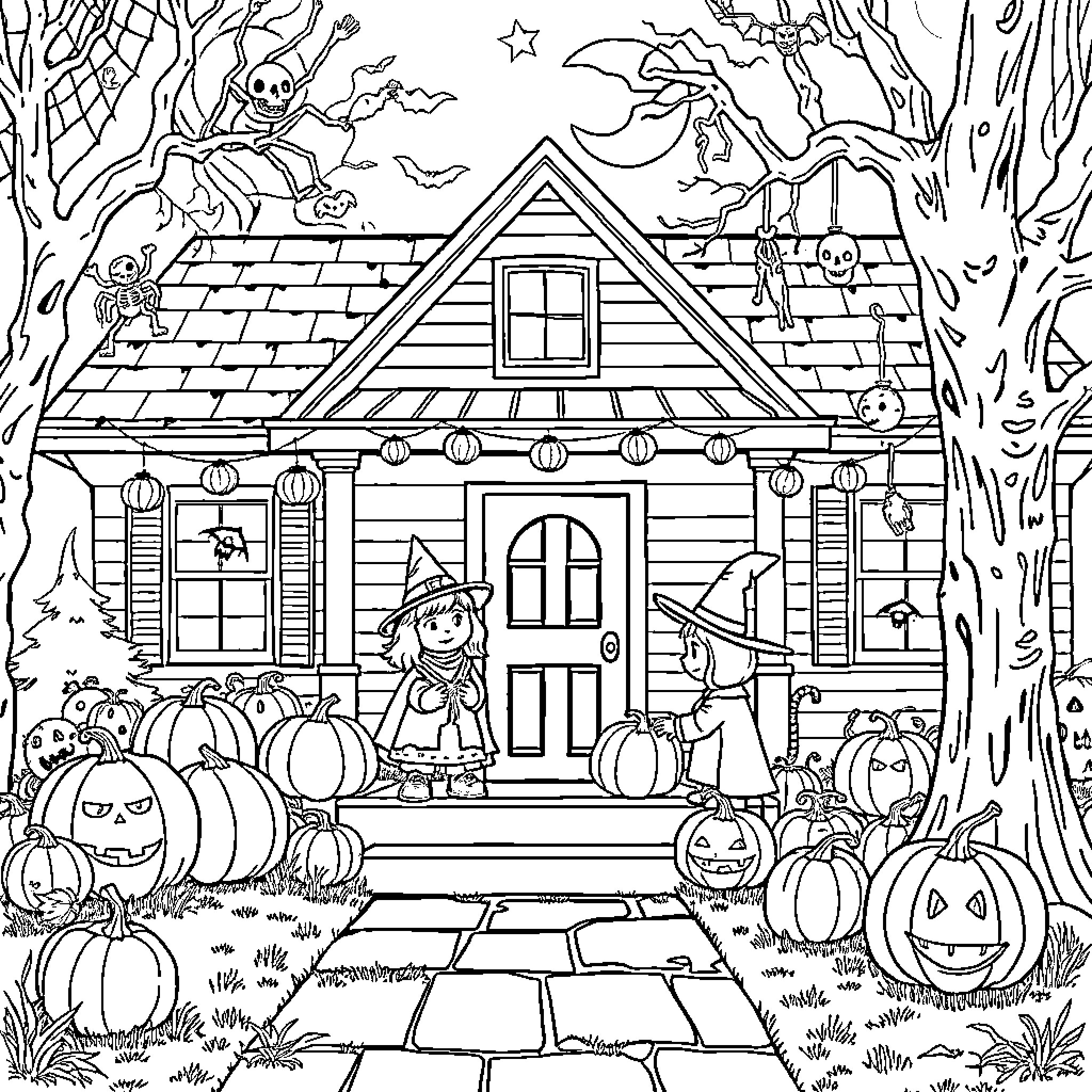Halloween decorations and characters in spooky house setting Coloring Page (free black-and-white line drawing printable PDF for all, from beginners to advanced learners, including children, teens, adults, and seniors)