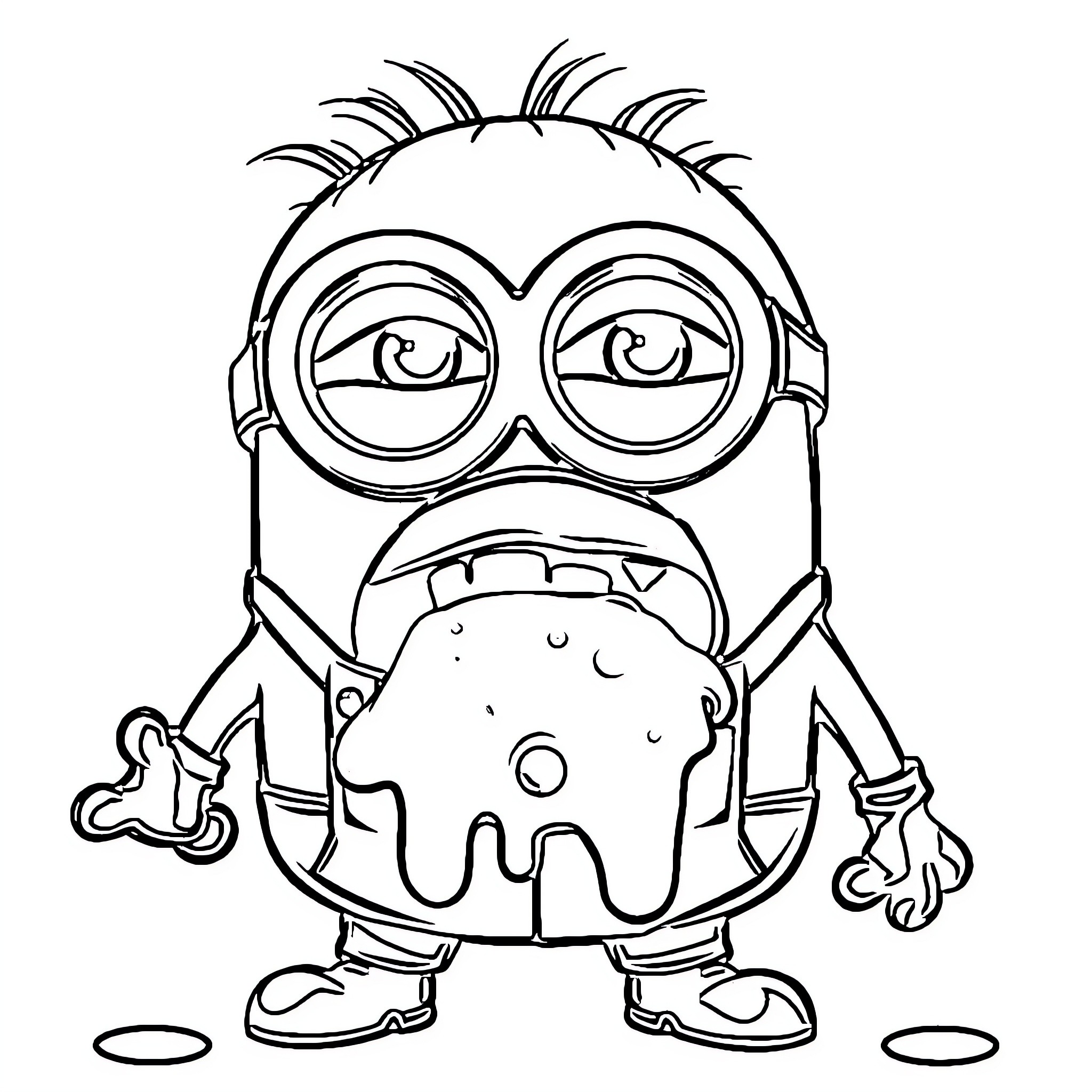 Minion feeling grumpy and hungry Coloring Page (free black-and-white line drawing printable PDF for all, from beginners to advanced learners, including children, teens, adults, and seniors)
