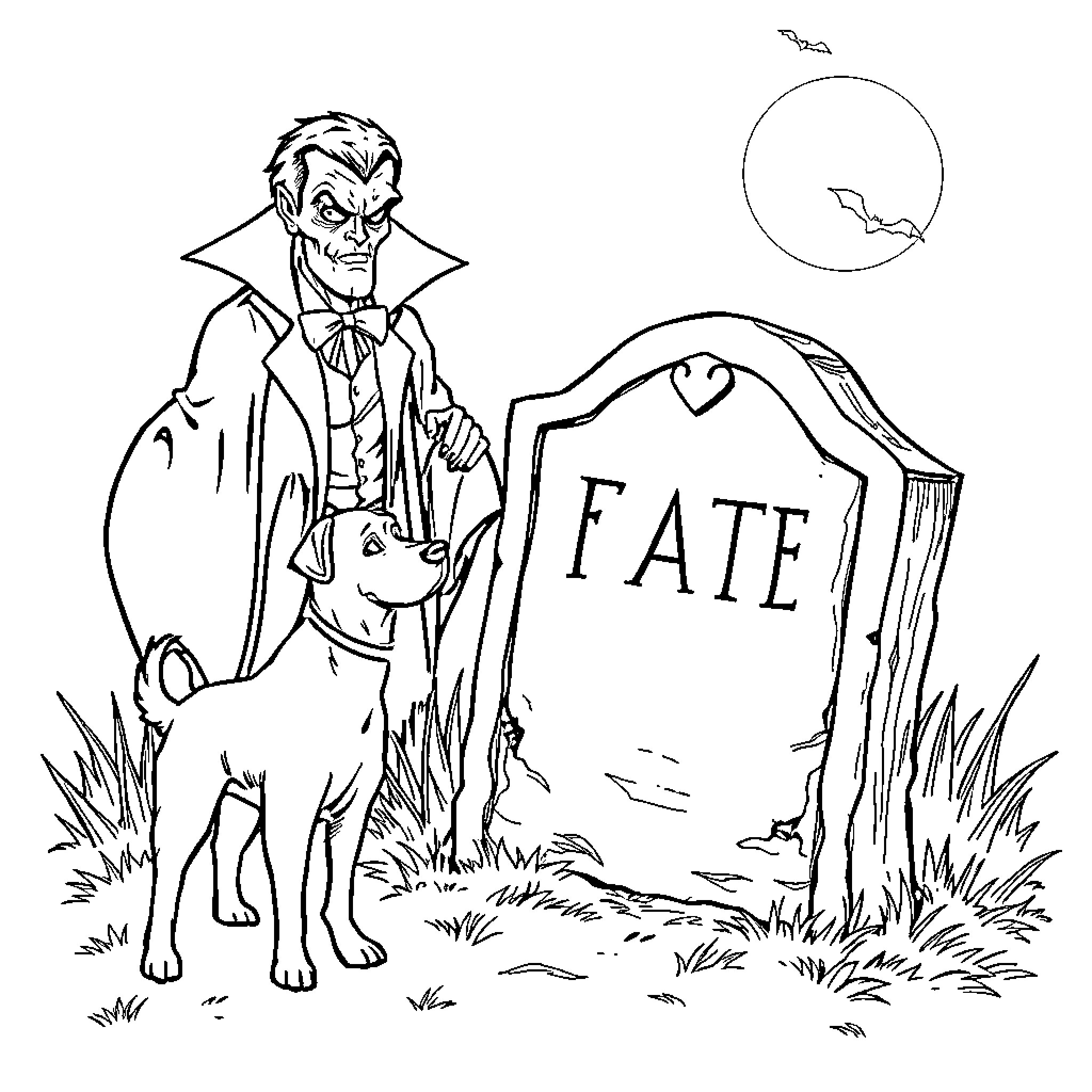 Dog and Vampire by Gravestone at Night Coloring Page (free black-and-white line drawing printable PDF for all, from beginners to advanced learners, including children, teens, adults, and seniors)