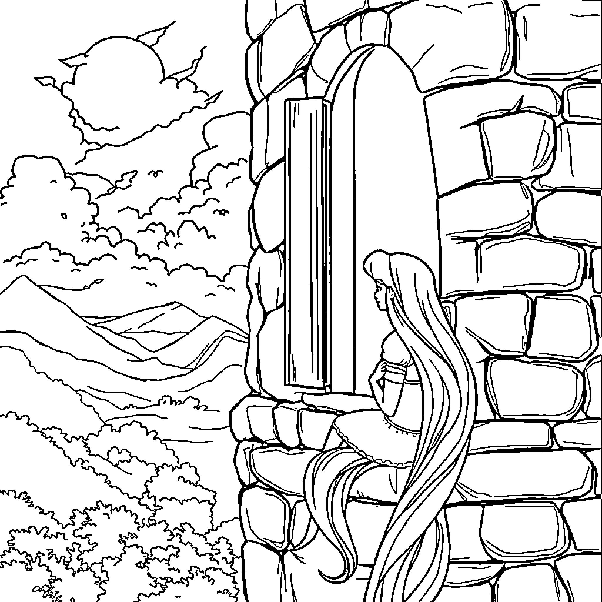 Rapunzel gazing out from her tower in the mountains Coloring Page (free black-and-white line drawing printable PDF for all, from beginners to advanced learners, including children, teens, adults, and seniors)