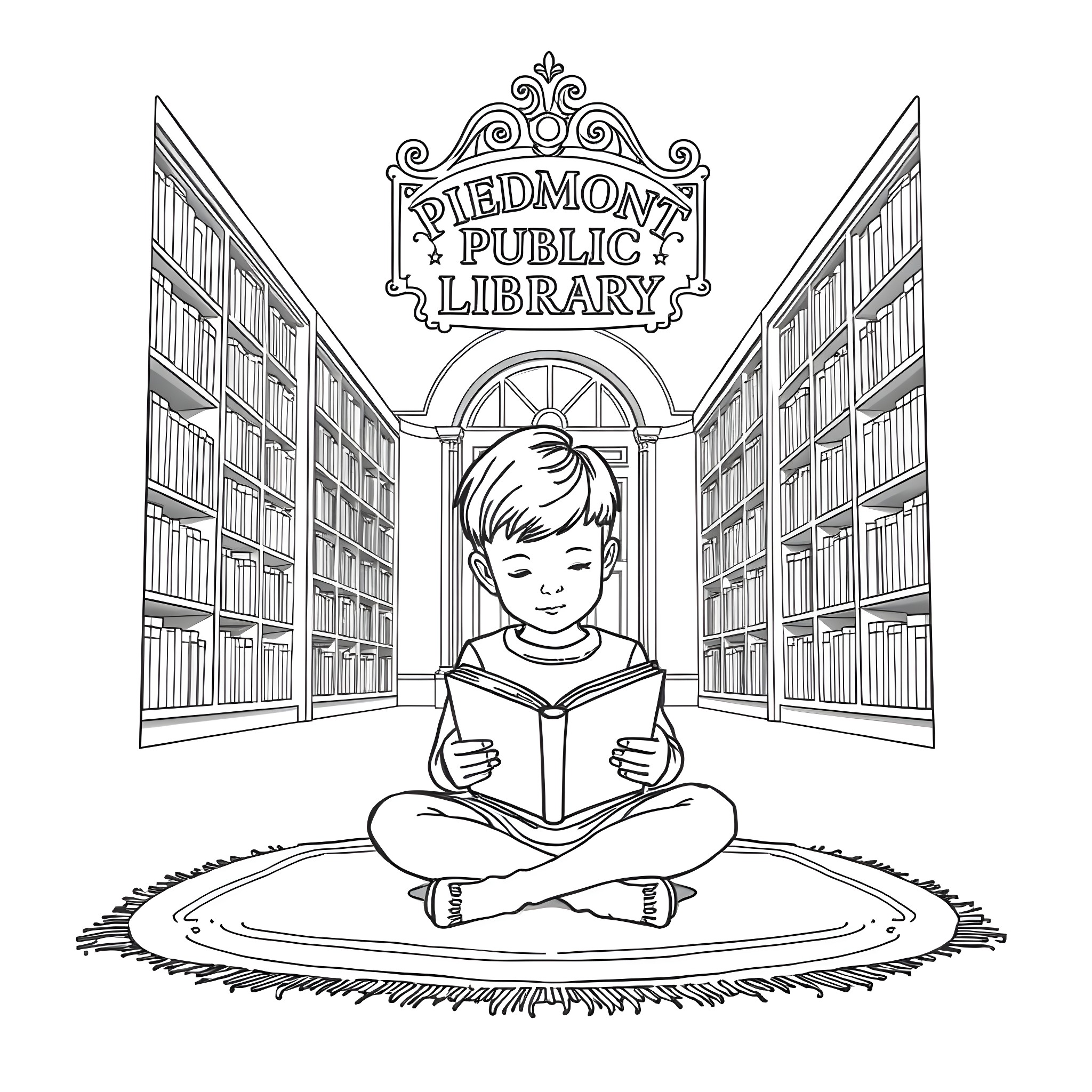 Boy reading book in a public library Coloring Page (free black-and-white line drawing printable PDF for all, from beginners to advanced learners, including children, teens, adults, and seniors)