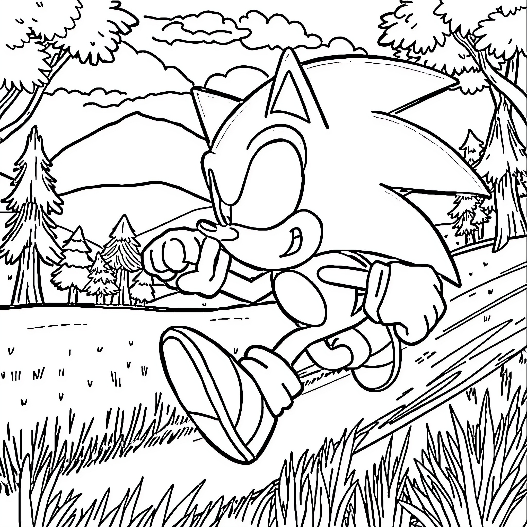Sonic on a Speedy Adventure in the Wilderness Coloring Page (free black-and-white line drawing printable PDF for all, from beginners to advanced learners, including children, teens, adults, and seniors)