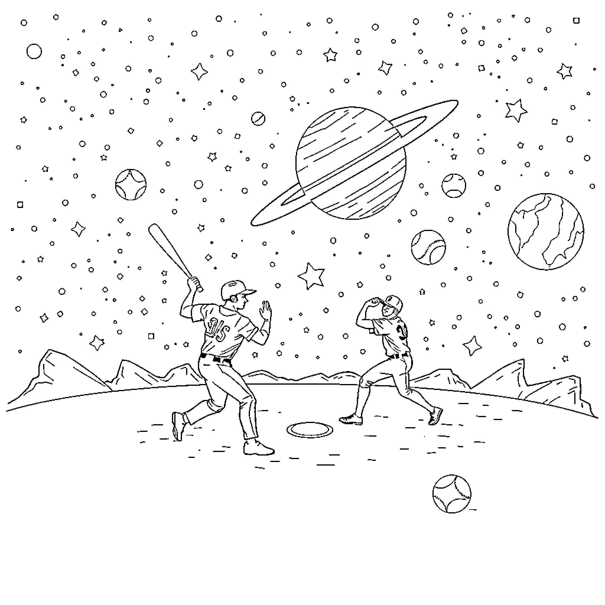 Dodgers playing baseball in the cosmos Coloring Page (free black-and-white line drawing printable PDF for all, from beginners to advanced learners, including children, teens, adults, and seniors)