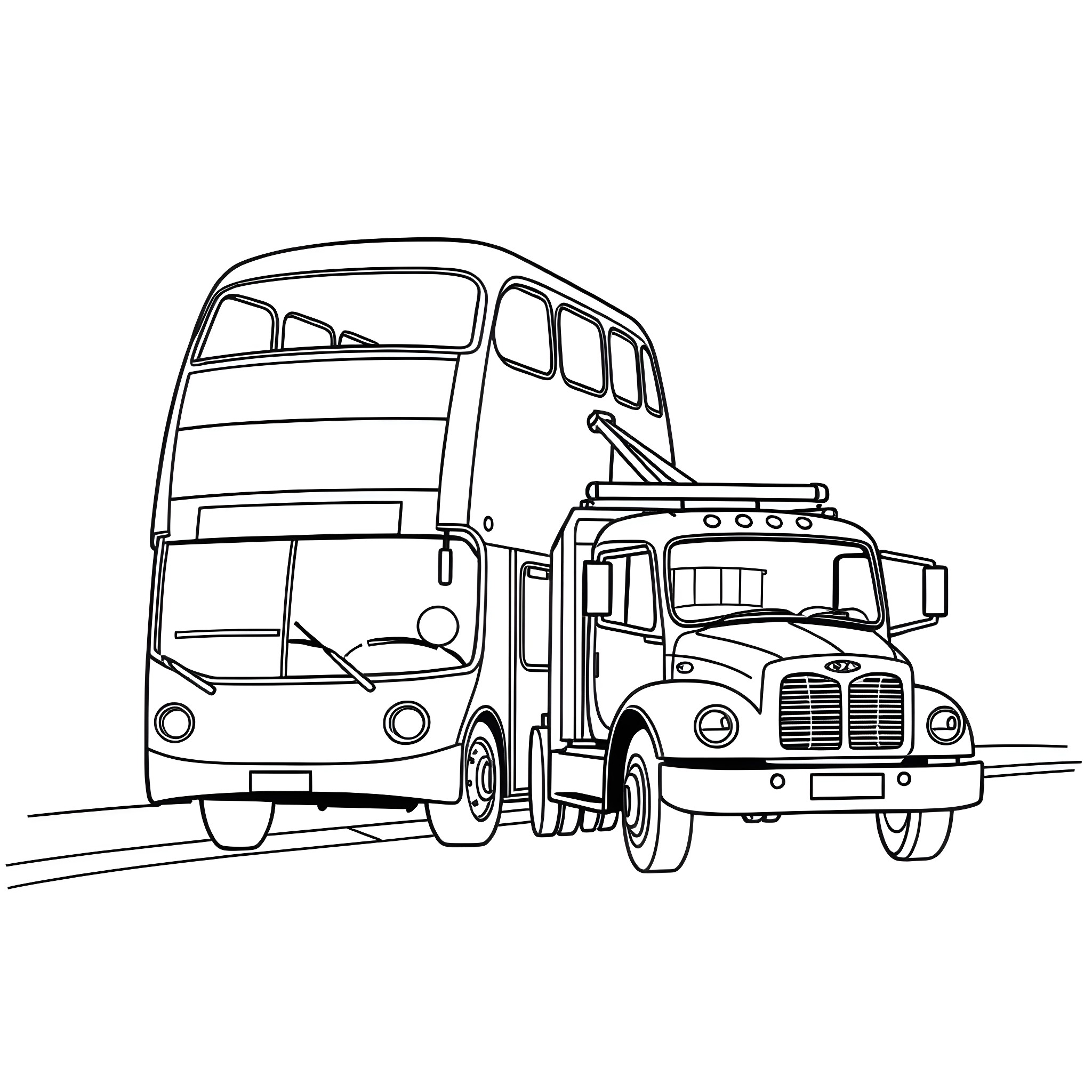 Tow Truck Assisting a Stranded Double-Decker Bus Coloring Page (free black-and-white line drawing printable PDF for all, from beginners to advanced learners, including children, teens, adults, and seniors)