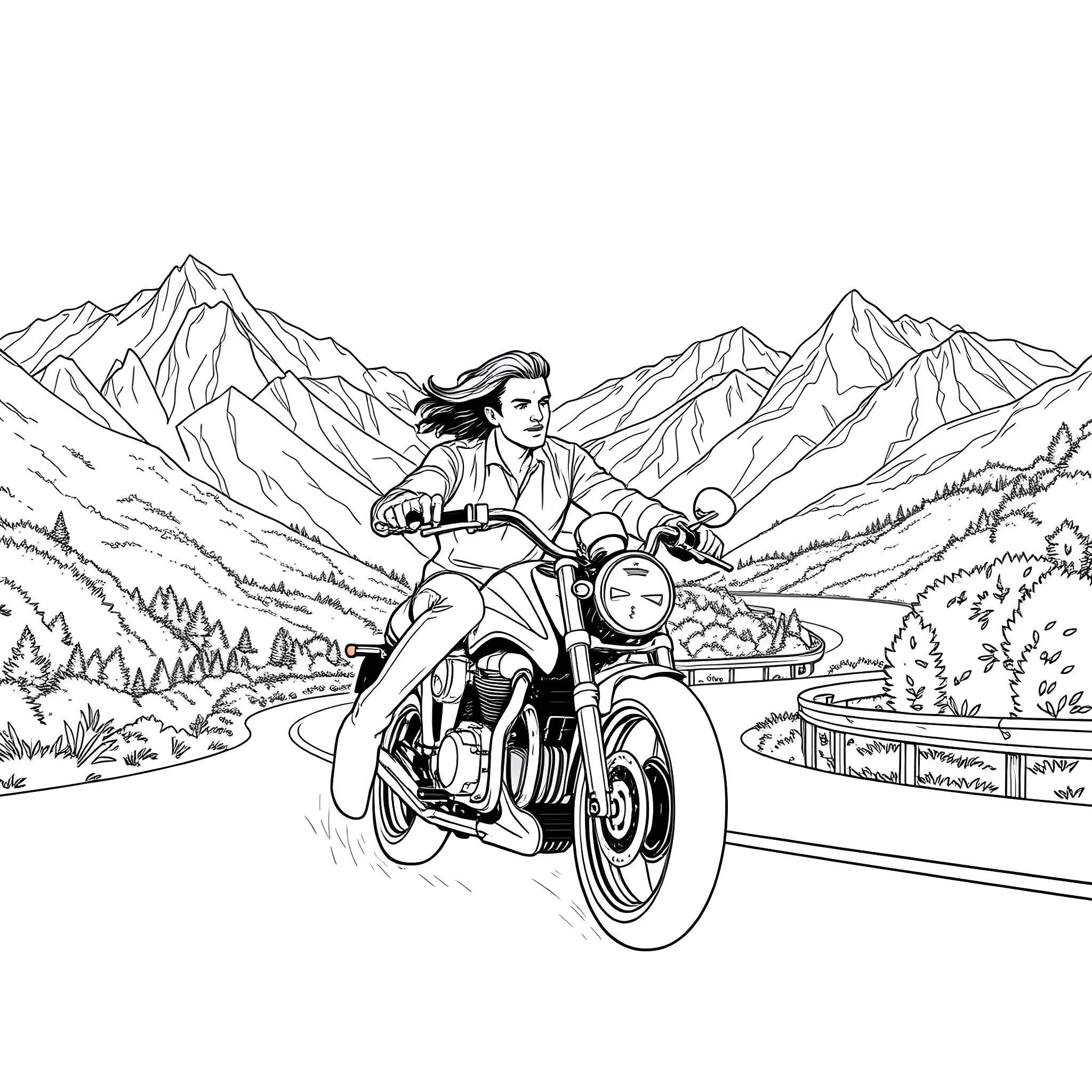 Motorcycle adventure through the mountainous landscape Coloring Page (free black-and-white line drawing printable PDF for all, from beginners to advanced learners, including children, teens, adults, and seniors)